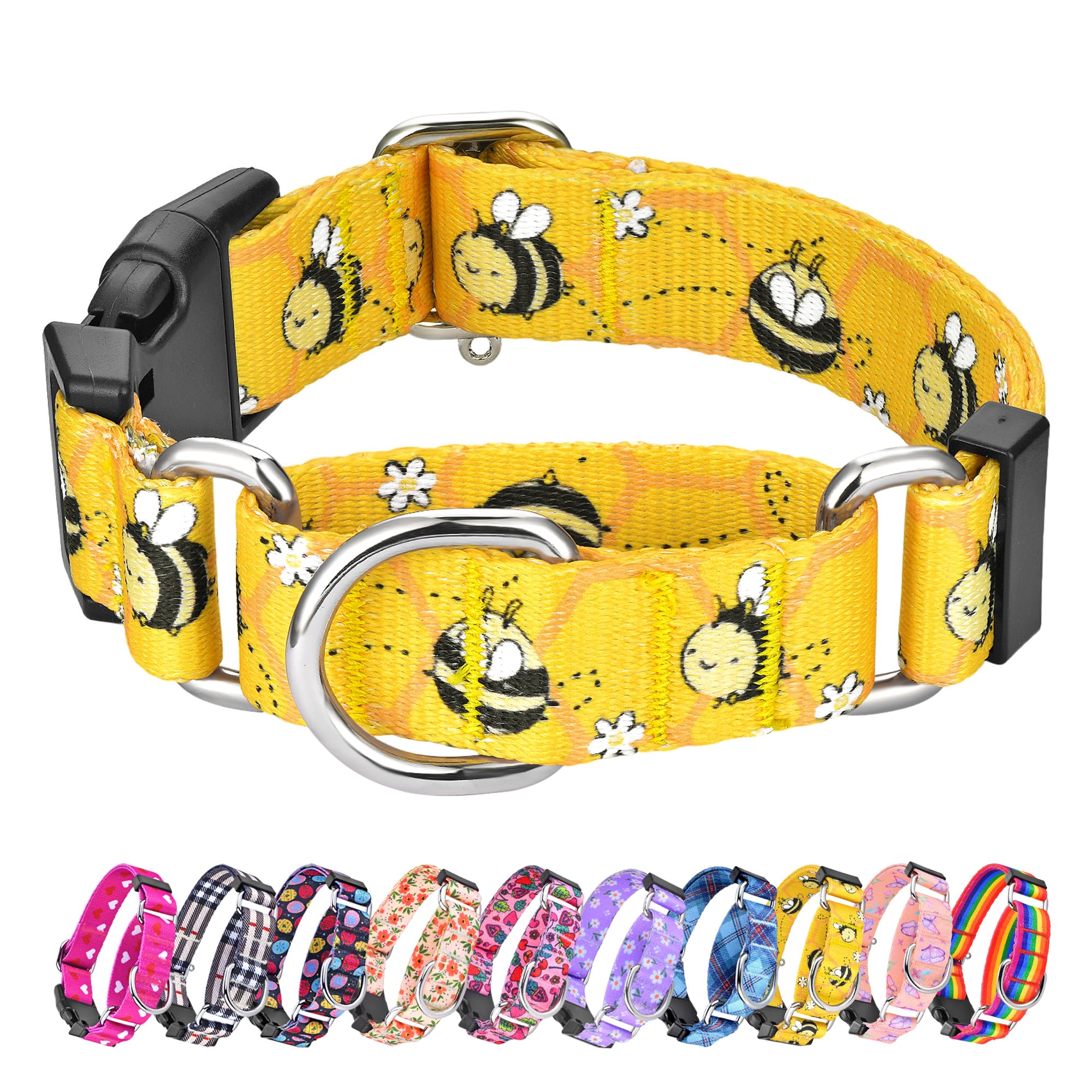 Hikiko Martingale Collar For Dogs Adjustable Soft Nylon Dog Collars With Cute Patterns For Small Medium Large Dog(Yellow Bee,Sma