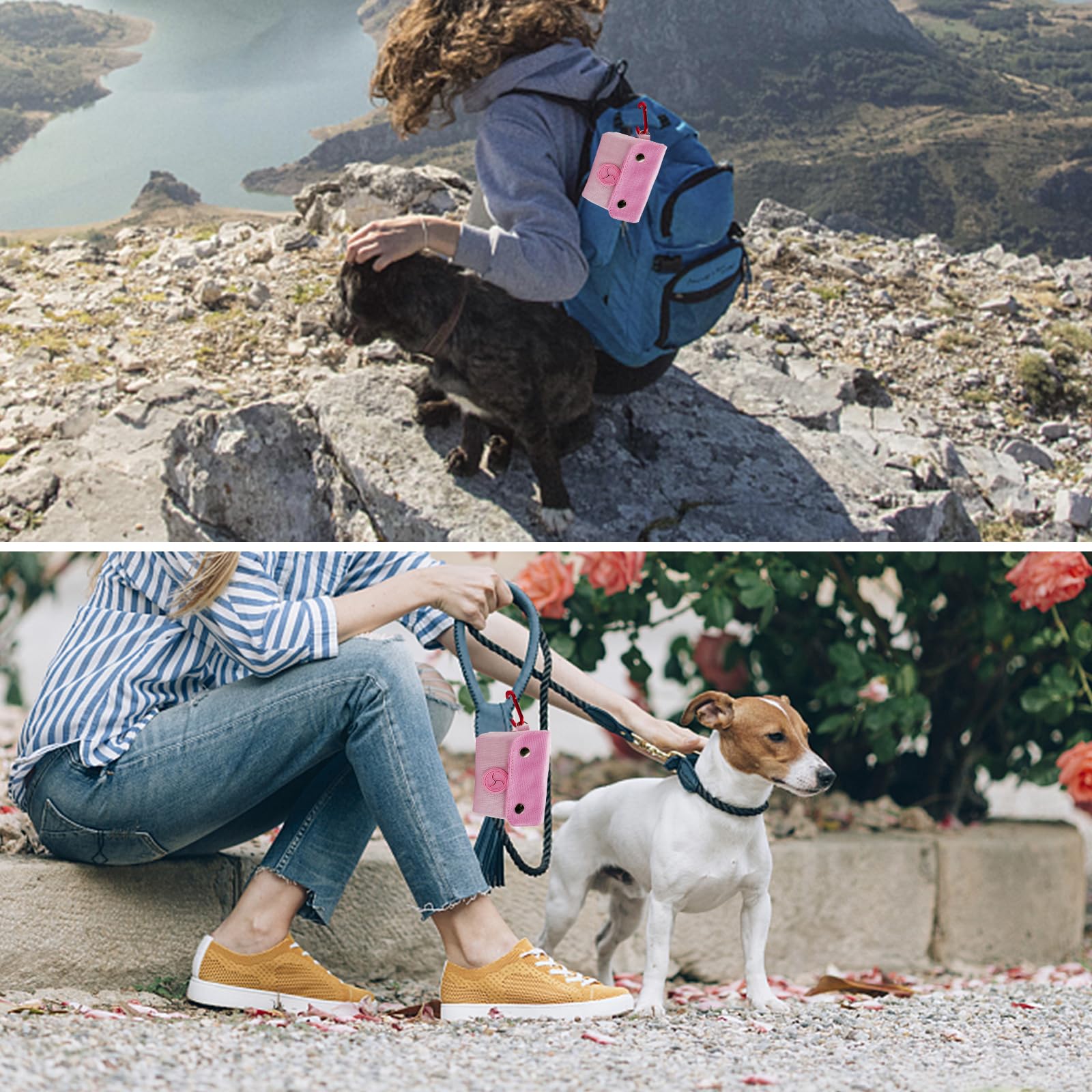 Lepawit Dog Poop Bag Holder, Portable Dog Poop Bag Dispenser With 1 Metal Clip, Pink Button Canvas Poop Pag Polders For Leashes