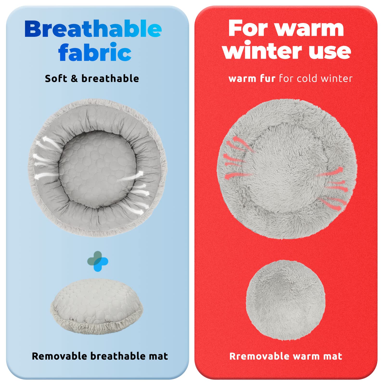 Hachikitty Dog Donut Round Calming Bed, Fluffy Dog Bed For Medium Large Dogs, Cooling Warming Soft Dog Cushion Bed, Double Sided Available Dog Bed With Warm & Cool Sides(30'X30'X9', Grey)