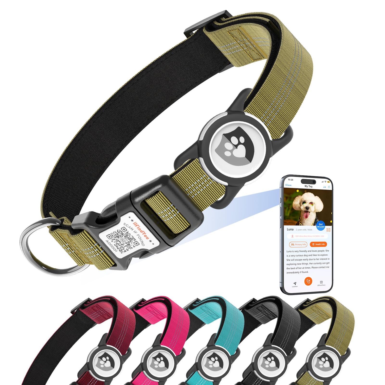 Ilfindyou Reflective Dog Collar With Airtag Holder For Medium Dogs Soft Nylon Champagne Sized M