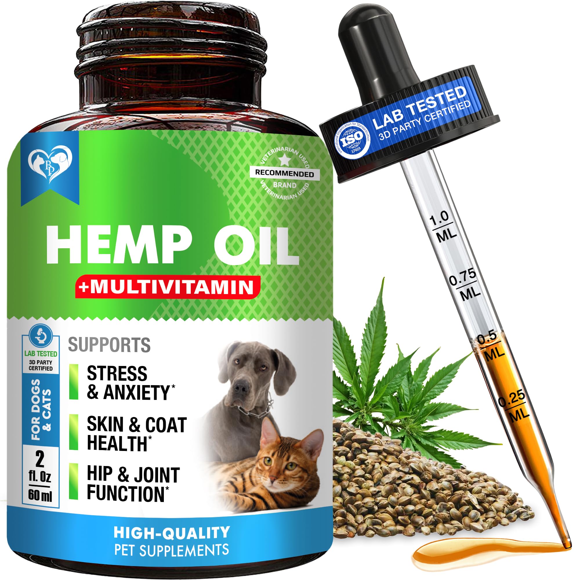 Cat & Dog Hemp Oil Drops with Multivitamin - Pet Calming Anti Anxiety & Hip and Joint Pain Aid and Anti Stress Support - Natural