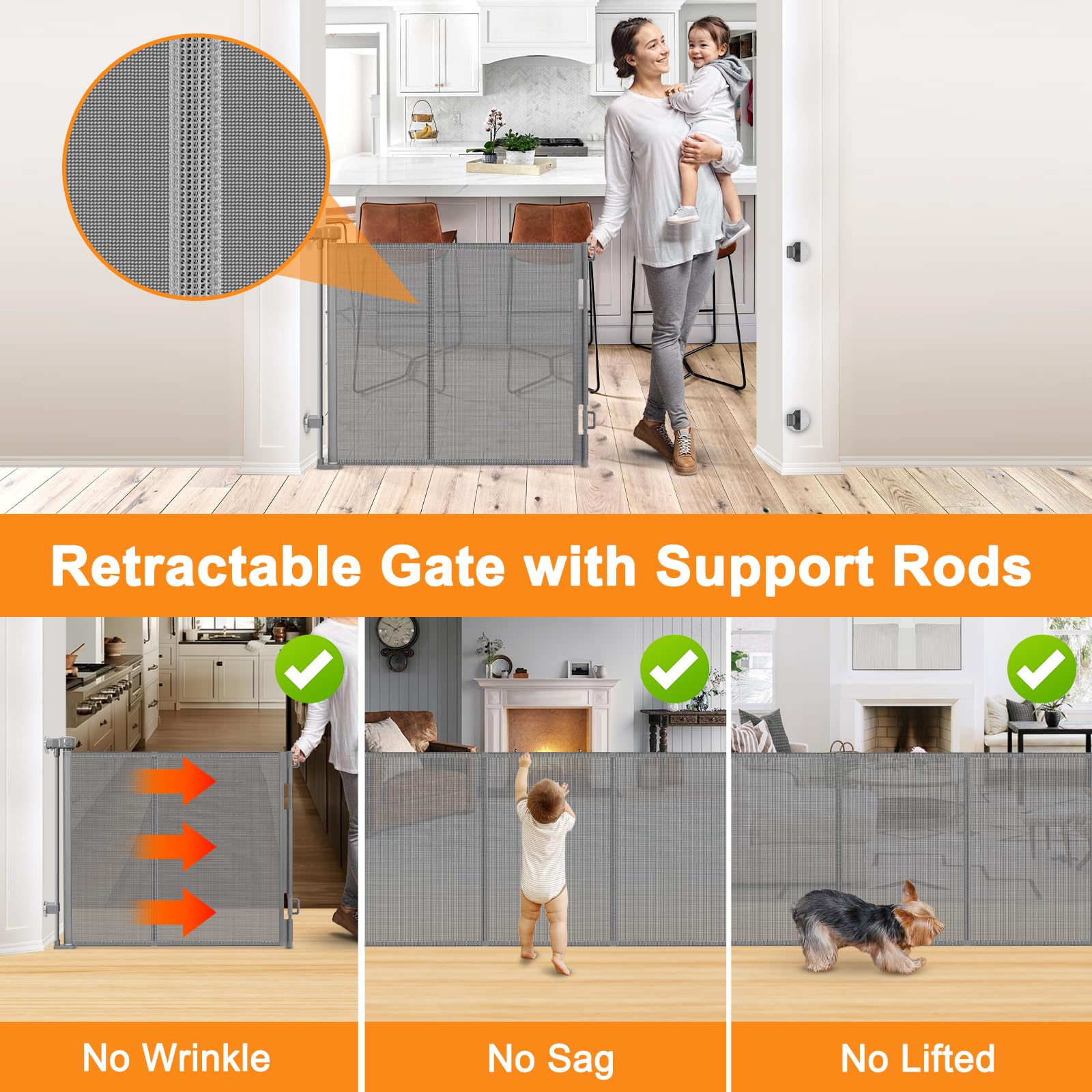 doktorbaby Retractable Baby Gate for Dogs, 55 Wide No Drill Mesh Gate with Support Rod, Gray, Model C-33