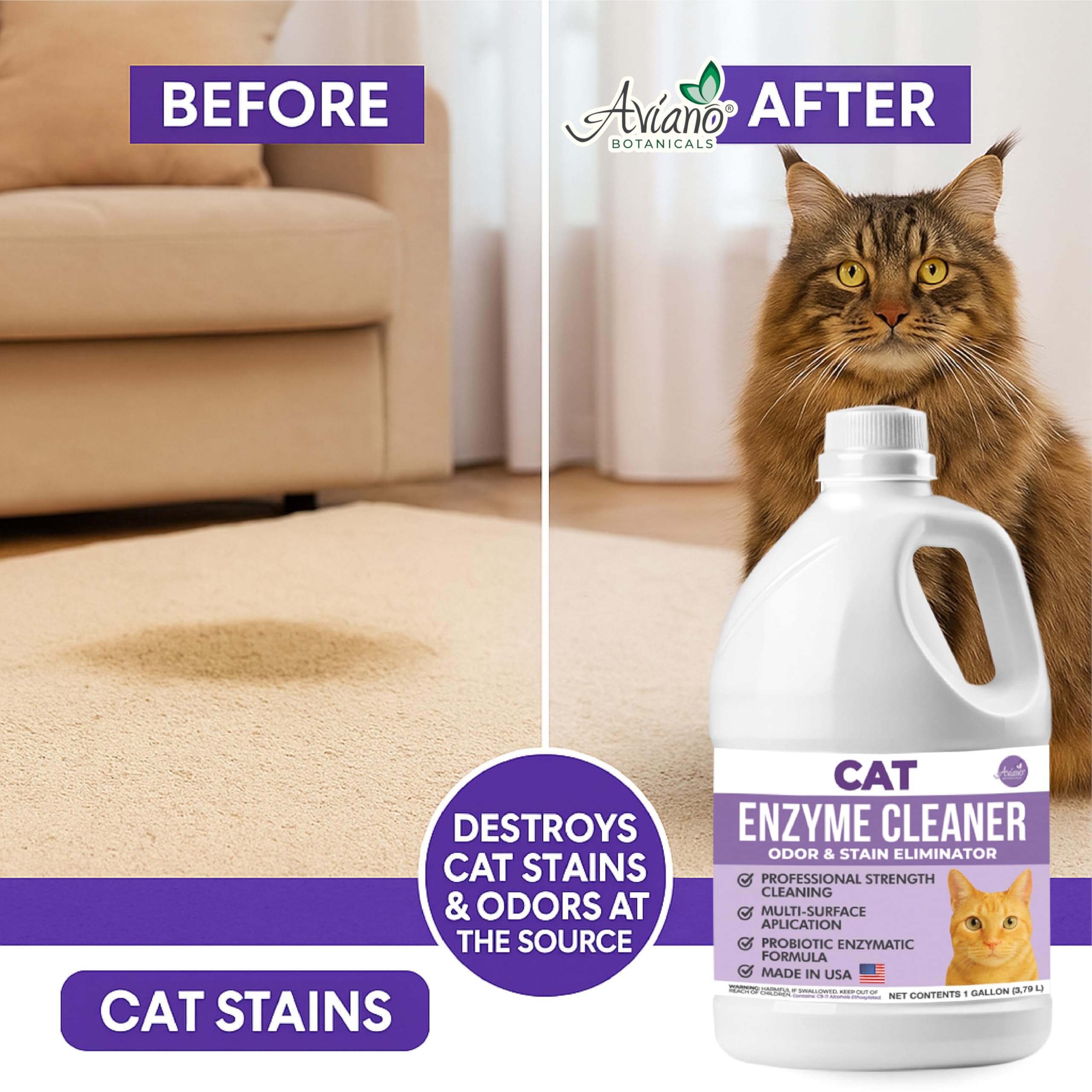 Aviano Cat Enzyme Cleaner - 1 Gallon - Made in USA - Odor Eliminator with Lemon Scent - Pet & Carpet Enzyme Cleaner for Cat Pee,