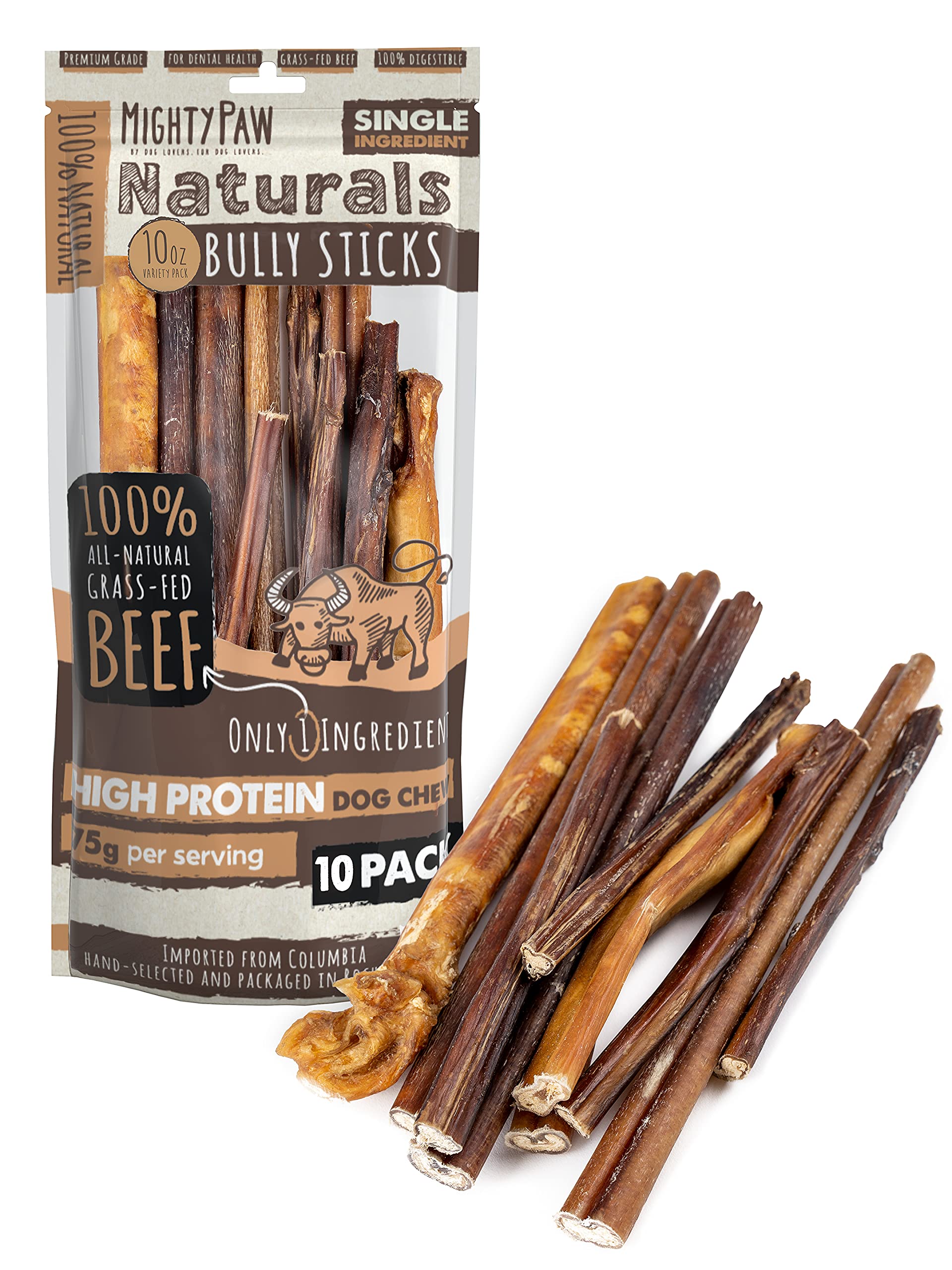 Mighty Paw Naturals Large Bully Sticks for Dogs, Protein Rich Dog Chews from Grass-Fed Beef | Thick Bully Sticks for Dental Heal