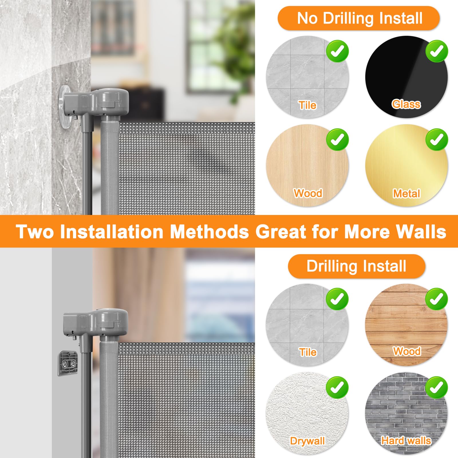 doktorbaby Retractable Baby Gate for Dogs, 55 Wide No Drill Mesh Gate with Support Rod, Gray, Model C-33