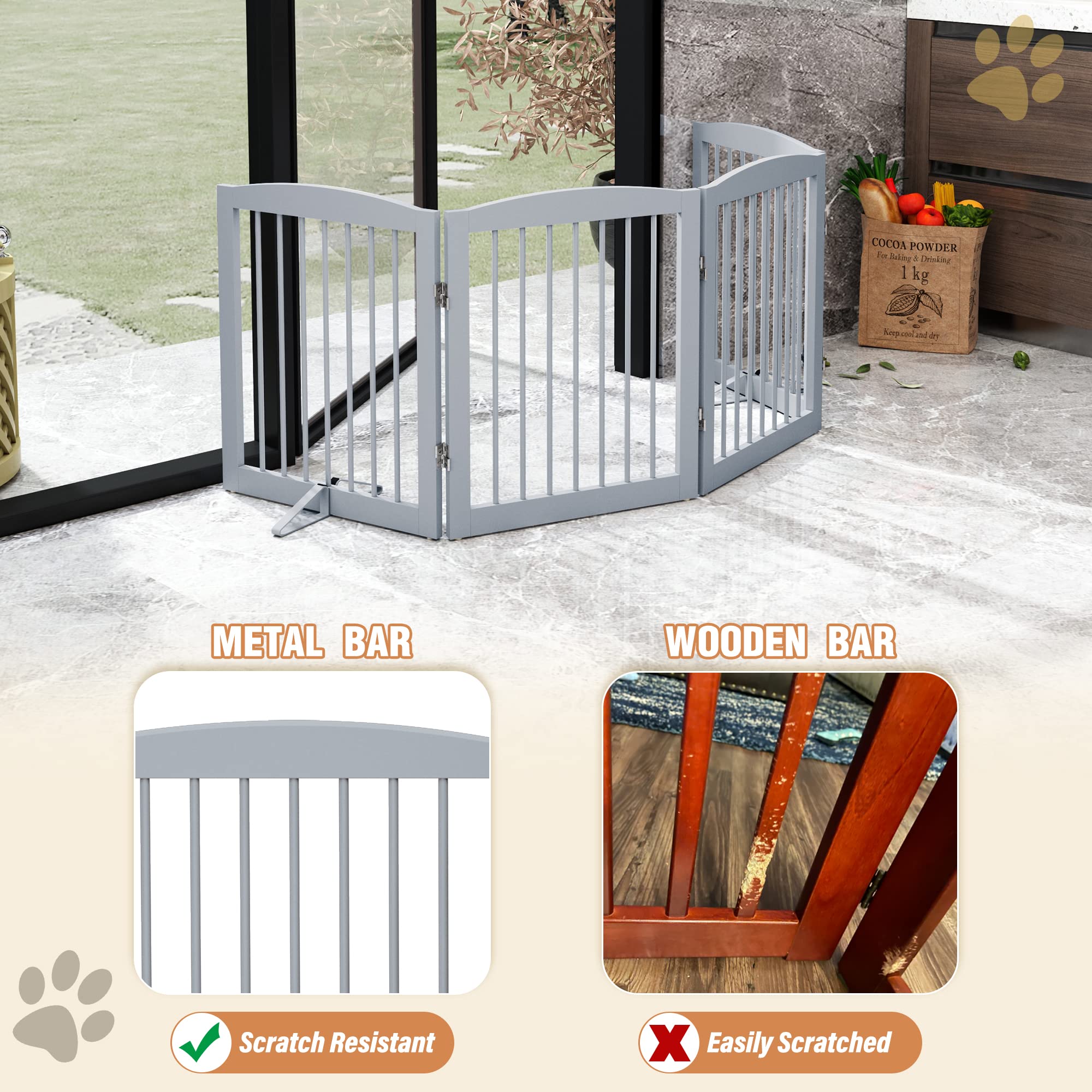 PUPETPO Freestanding Pet Gate - Foldable Wooden Dog Gate for House, Indoor, 80 Inch Wide, 4 Panels 24, Grey