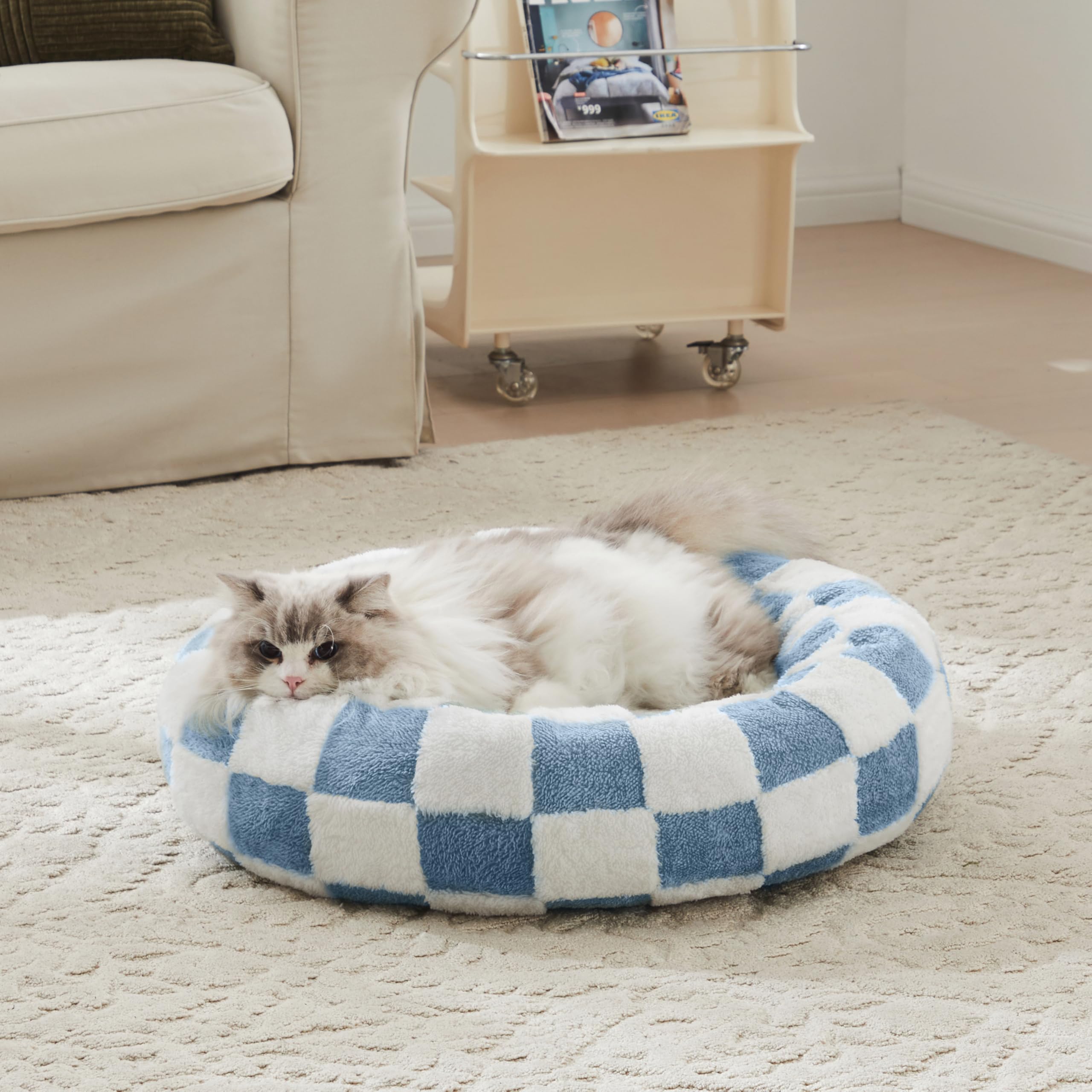 Ohocut Checkered Cat Dog Bed, Cute Blue Retro Style Aesthetic Round Warming Pet Calming Beds For Small Dog And Cats, Plush Cozy 
