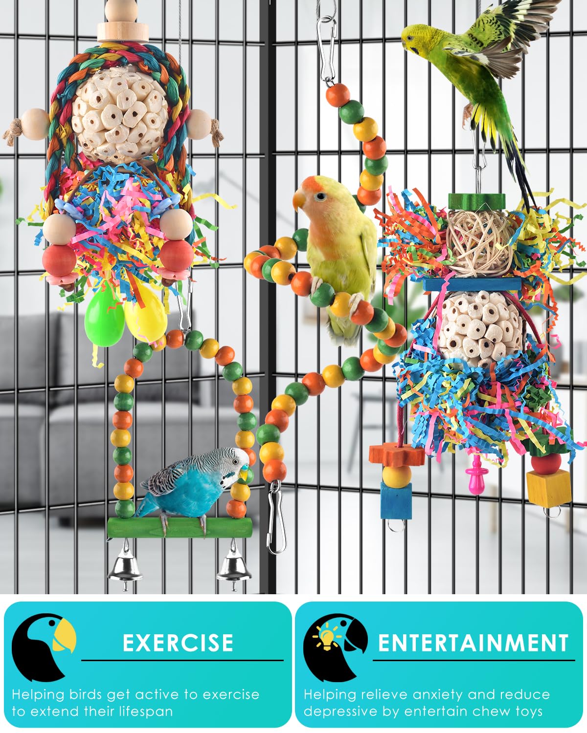 Bissap Conure Toys, 4 Pcs Parrot Foraging Shredder Hanging Toys Sola Balls With Sand Hammer Perch Swing Climbing For Small Parro