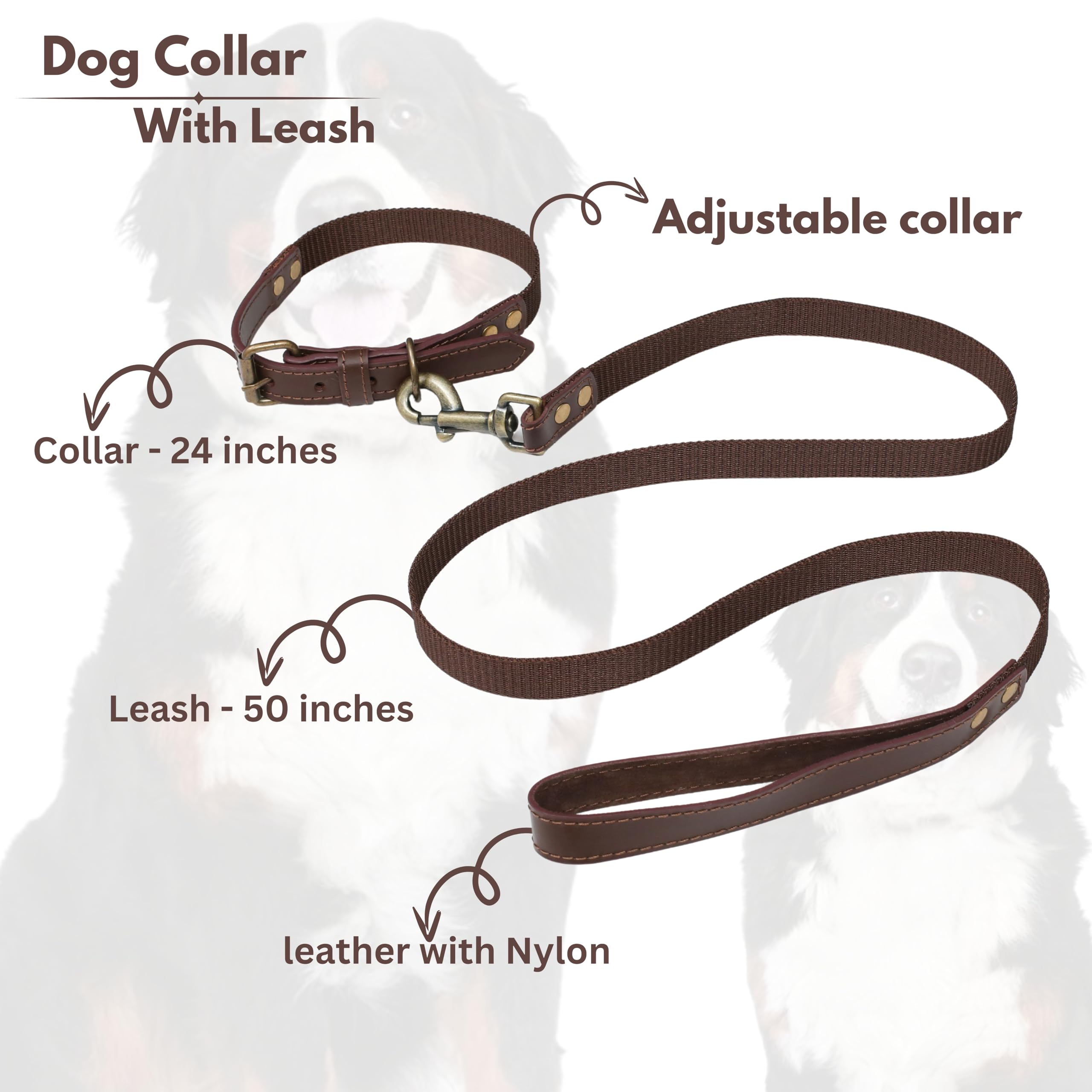 Dog Leash And Collar Set With Metal Buckle, Heavy Duty Leather And Nylon Combo, Adjustable And Durable Pet Walking Gear, 24 Inch