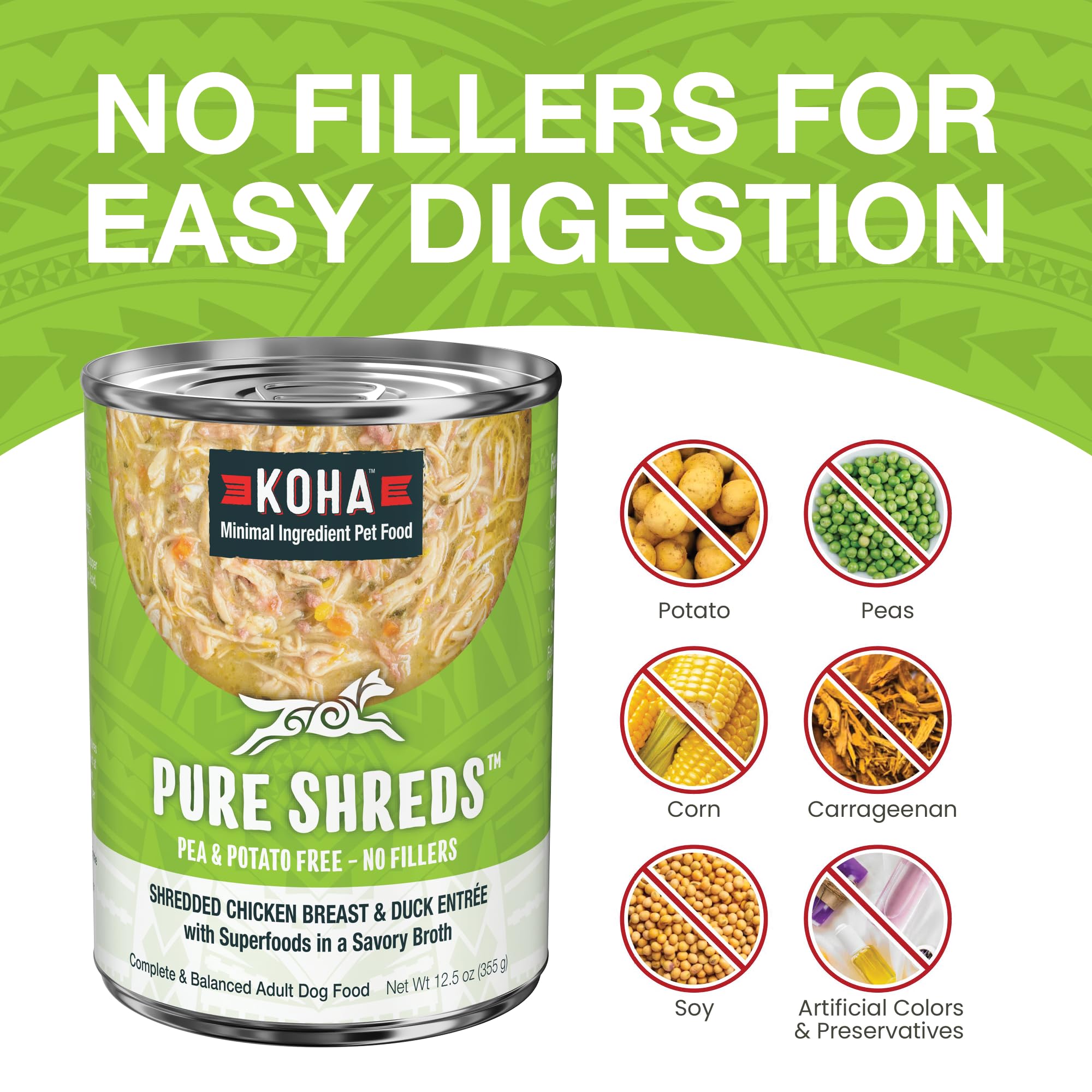KOHA Pure Shreds Chicken and Duck Entr  e for Dogs, 12.5oz Cans (Pack of 12)