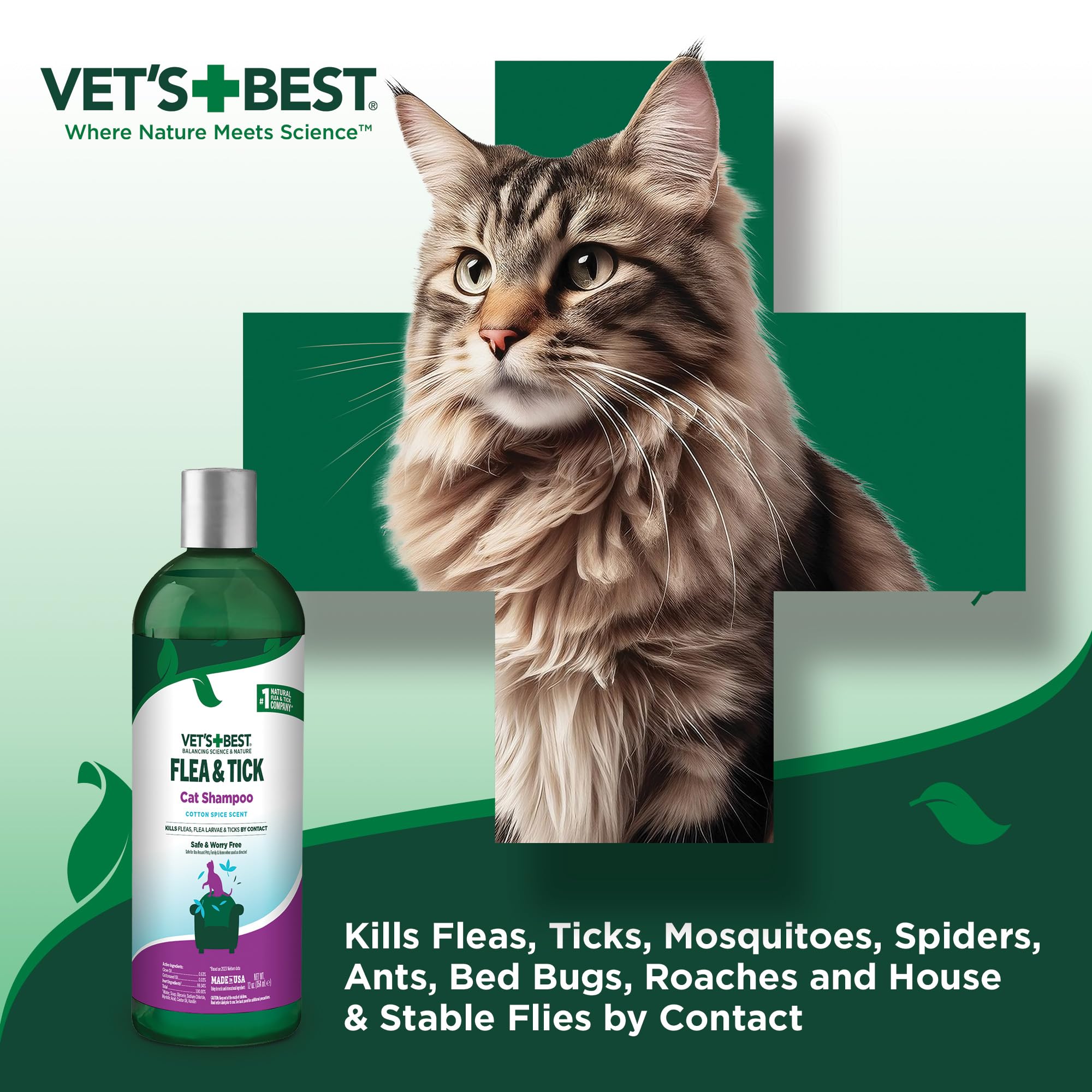 Vets Best Flea & Tick Shampoo for Cats - Premium Flea and Tick Treatment for Cats - Plant-Based Ingredients - Certified Natural