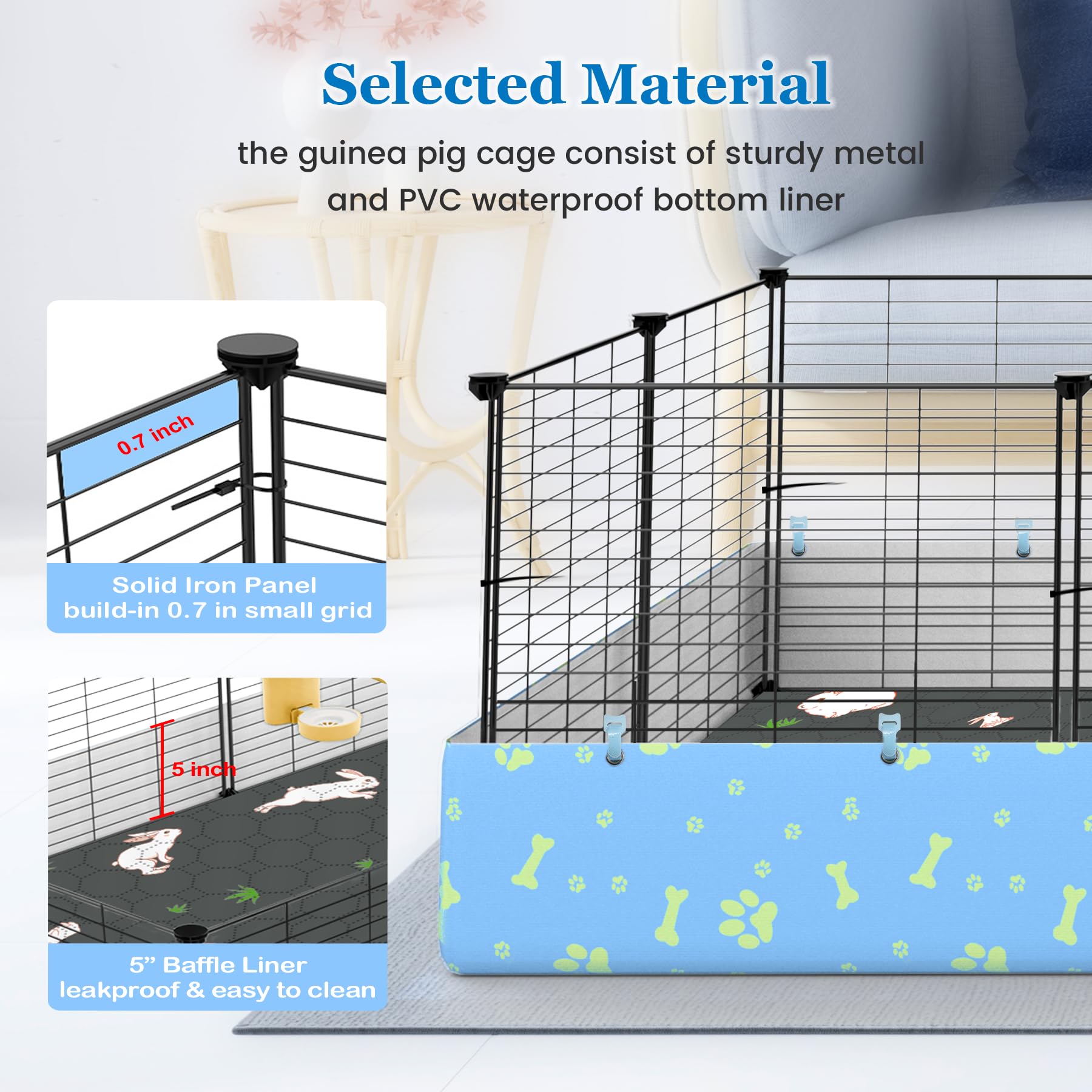 Modeslab Guinea Pig Cages With Tarp And Reusable Bedding Pee Pad Liner, 24'' X 48'' Large Guinea Pig Playpen C&C Rabbit Bunny Ca