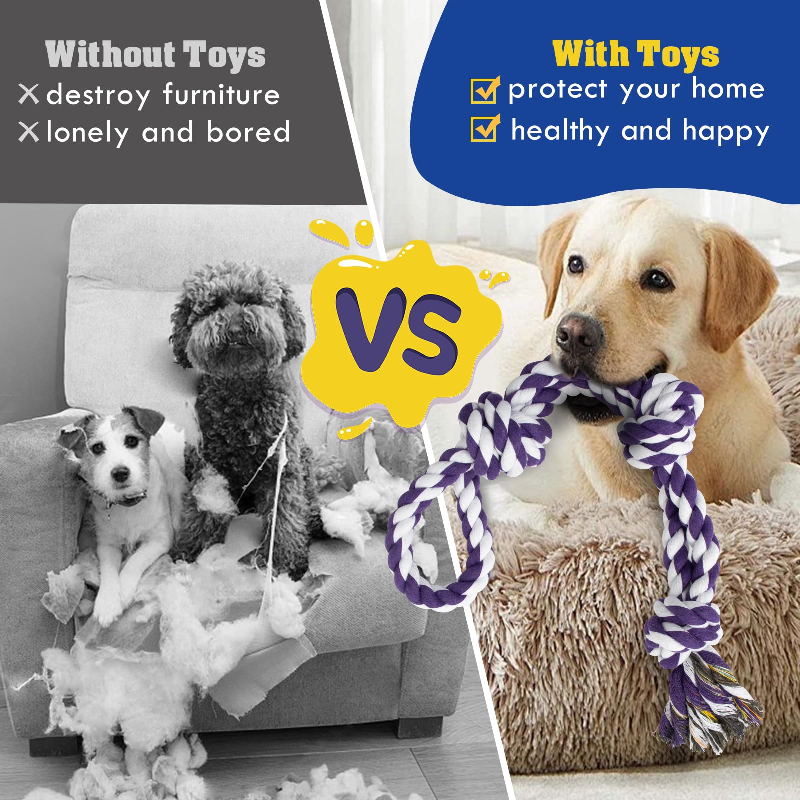 Wdzzhot [3 Pack] Dog Rope Toys For Large And Medium Aggressive Chewers, Nearly Indestructible Rope Chew Toys, Heavy Duty 100% Co