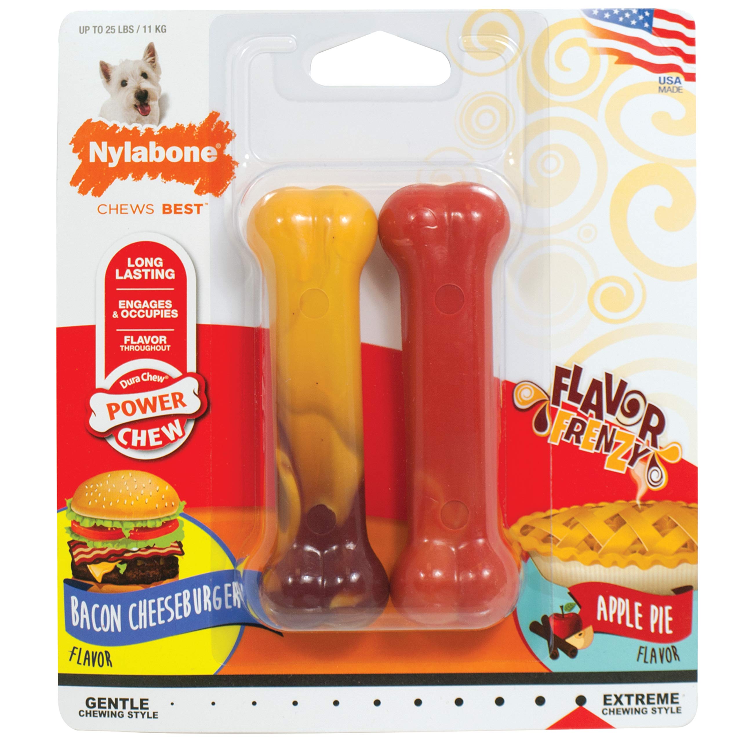Nylabone Original Bone Power Chew Toy For Dogs, Durable Dog Toys For Aggressive Chewers, Flavor Frenzy Bacon Cheeseburger & Apple Pie Flavor, Small - Up To 25 Ibs, 2 Pack