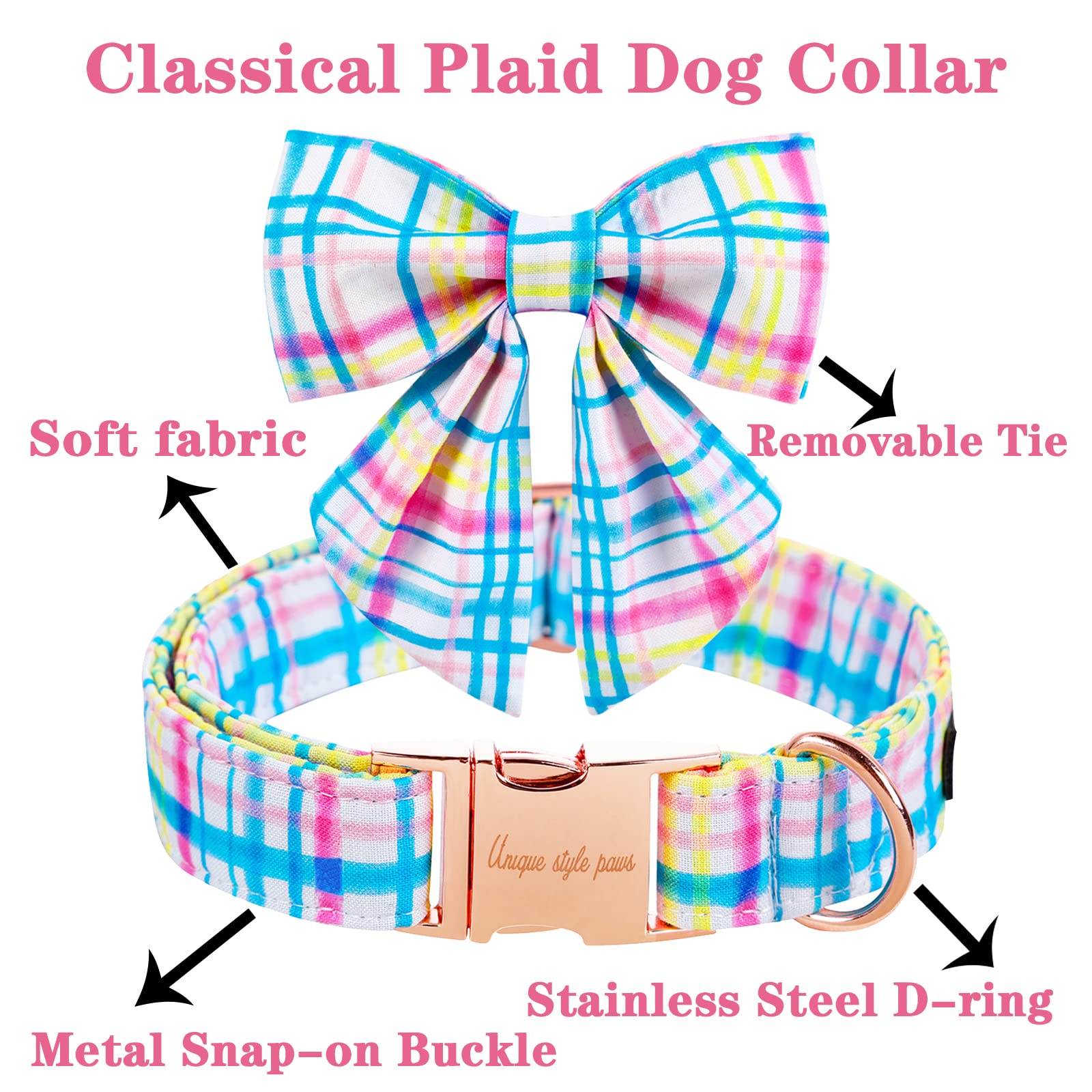 Unique Style Paws Easter Day Dog Collar With Bow Tie Pink Grid Puppy Collar For Small Medium Large Boys Girls-Xl
