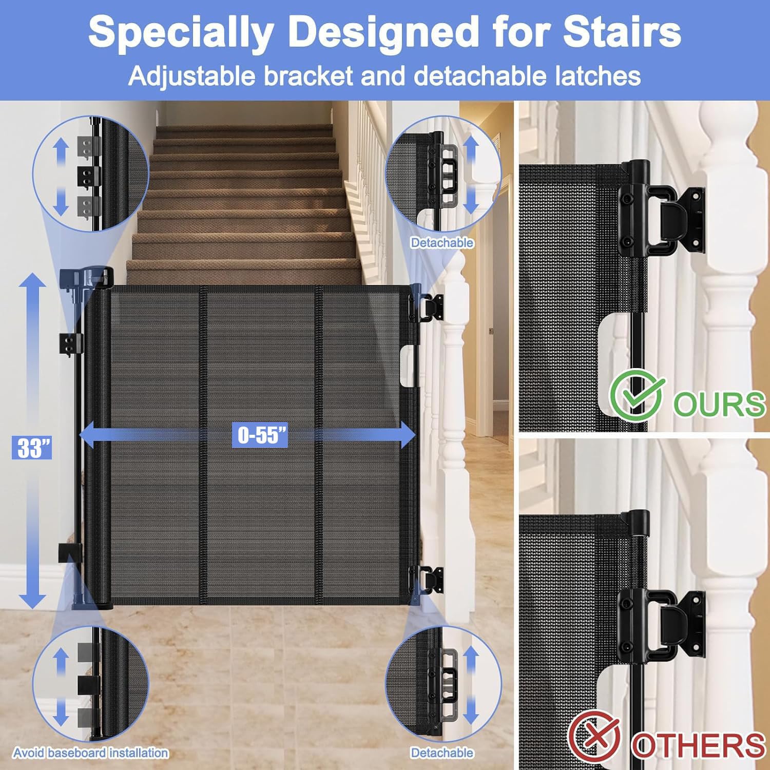 Reinforced Retractable Dog Gate for Stairs 55 Inch Adjustable Brackets and Detachable Latches Retractable Baby Gate Retractable
