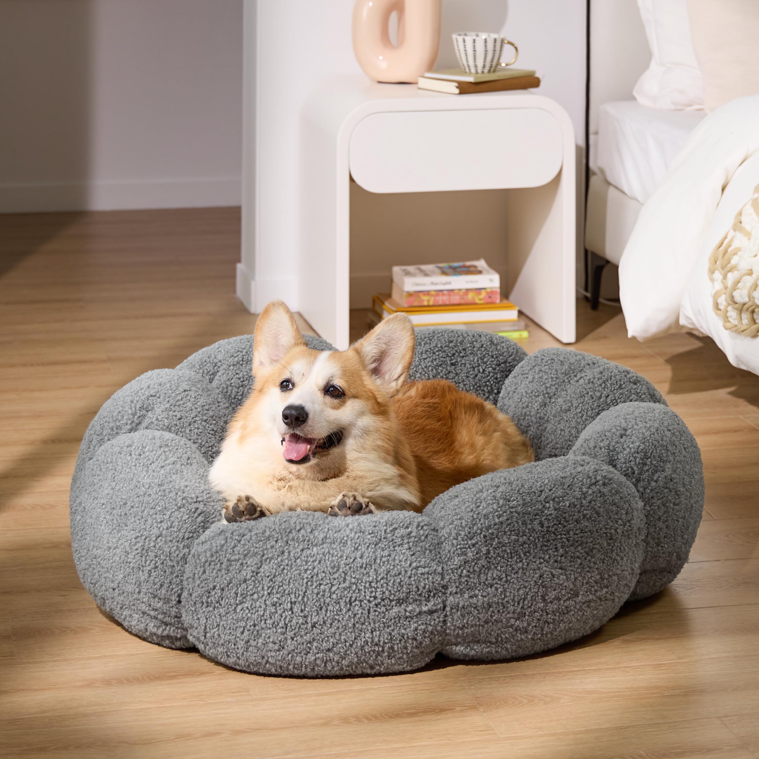 LE SURE Large Dog Bed - Calming Flower Donut Design, Plush Teddy Sherpa, Non-Slip, Grey, 36" for Pets up to 100 lbs