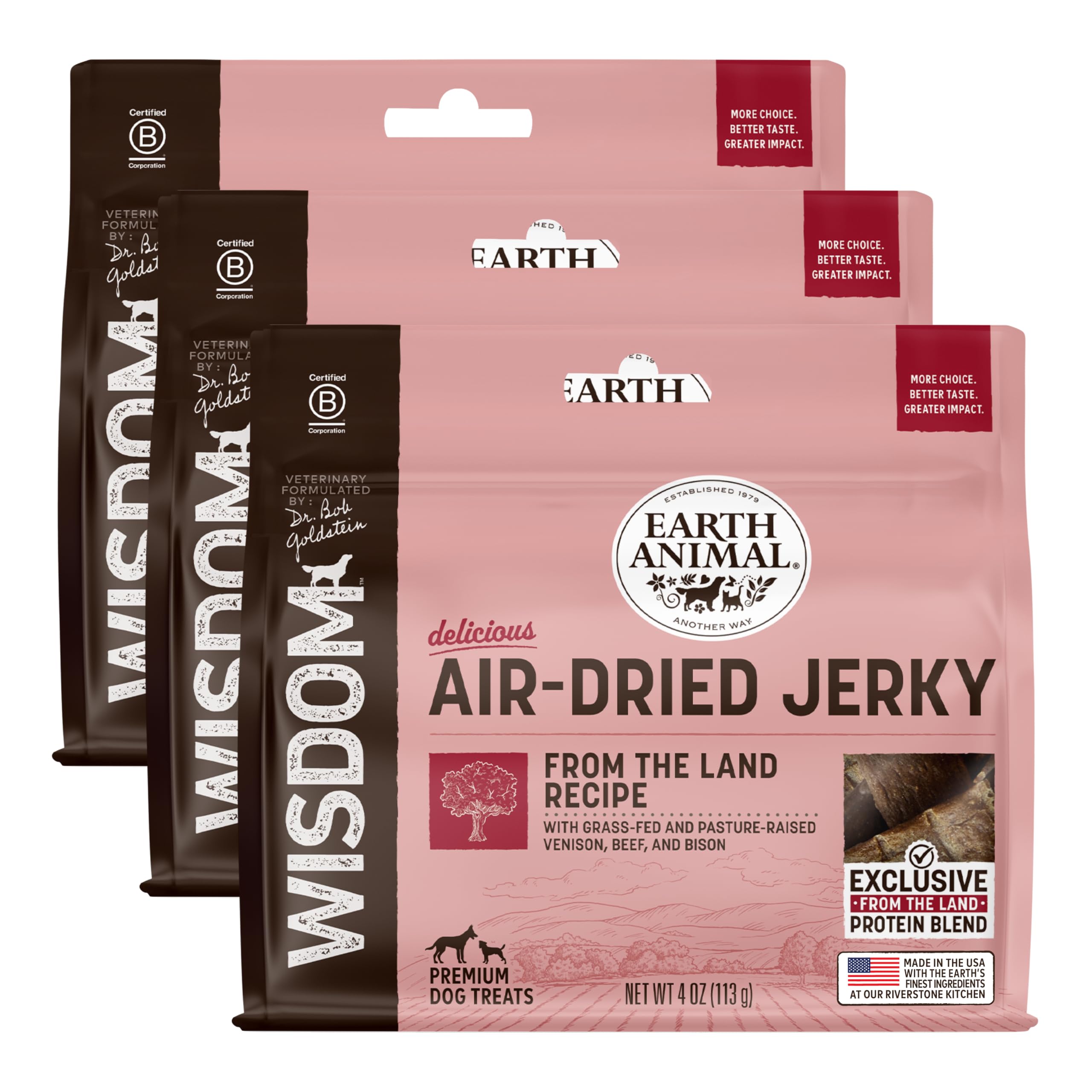 Earth Animal Wisdom Air-Dried Jerky from The Land Recipe | Dog Treats | Dog Snacks | Premium Natural Red Meat Jerky Strips | 4 o