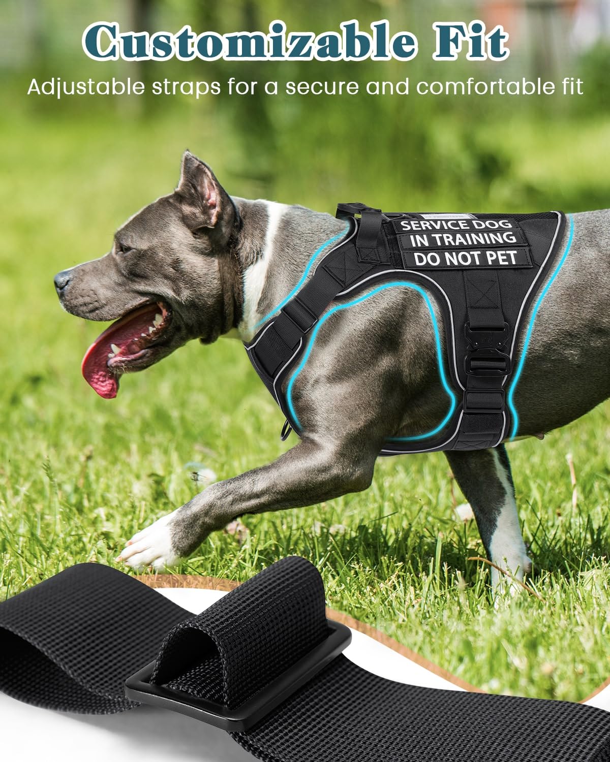 Reflective Service Dog In Training Vest Harness For Extra Large Dogs, Adjustable Heavy Duty Padded Black Dog Harness, With Front