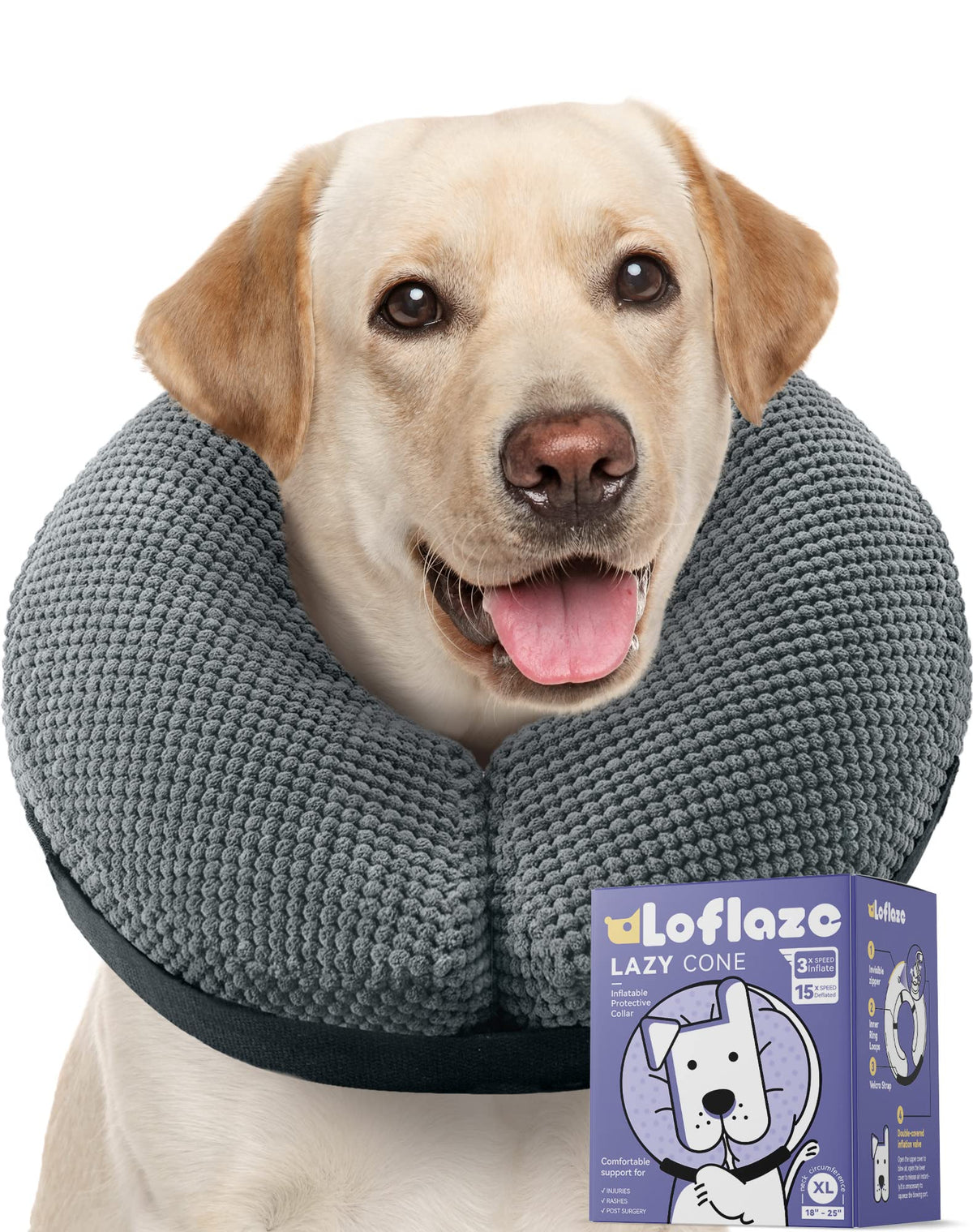 Loflaze Soft Inflatable Dog Cone Collar Alternative After Surgery - Dog Neck Donut E Collar For Large Medium Small Dogs Cats Post Surgery - Recovery Collar To Stop Licking - Grey, Xxl