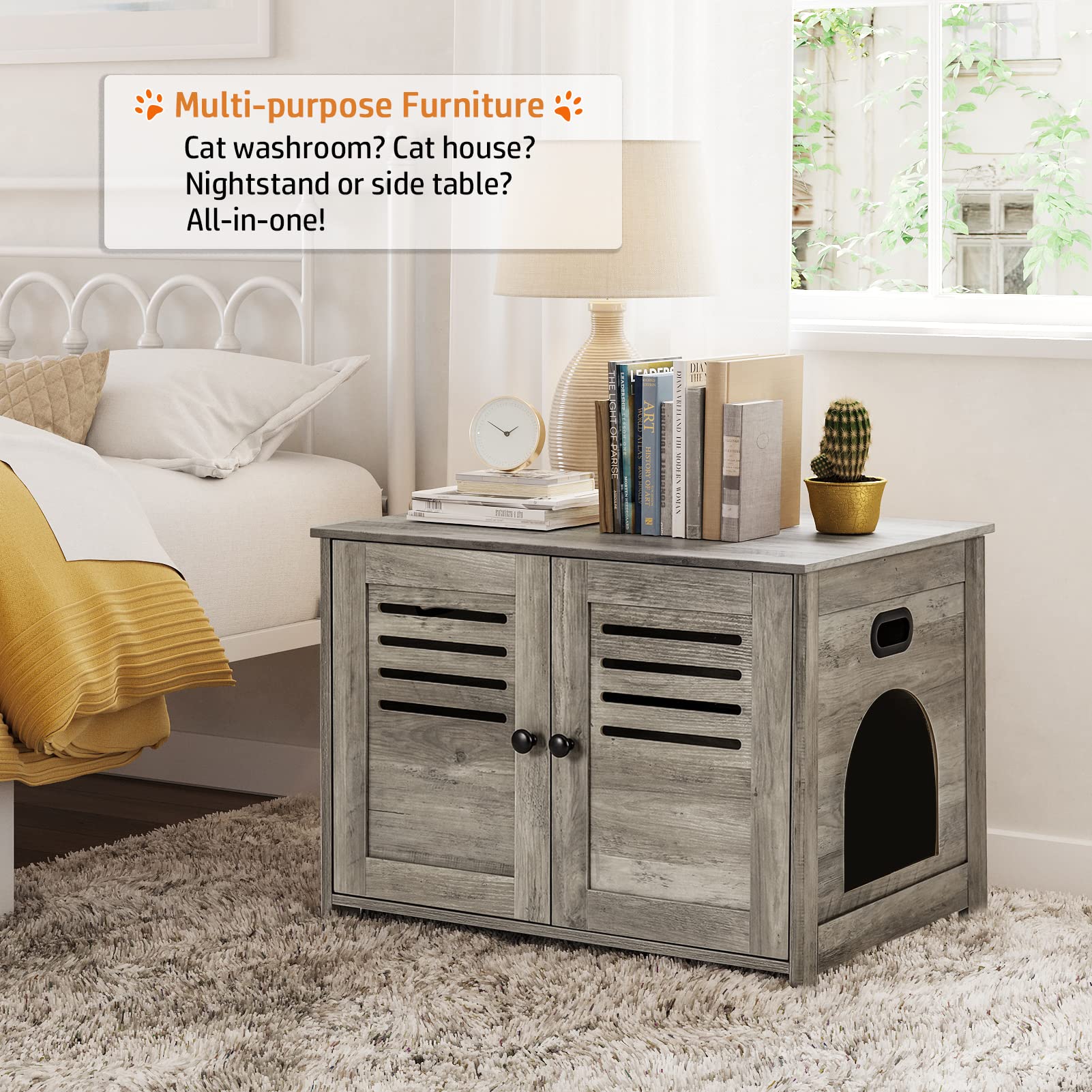 Dinzi Lvj Litter Box Enclosure, Cat Litter House With Louvered Doors, Entrance Can Be On Left Or Right Side, Spacious Hidden Washroom For Most Of Box, Furniture Cabinet, Gray Wash