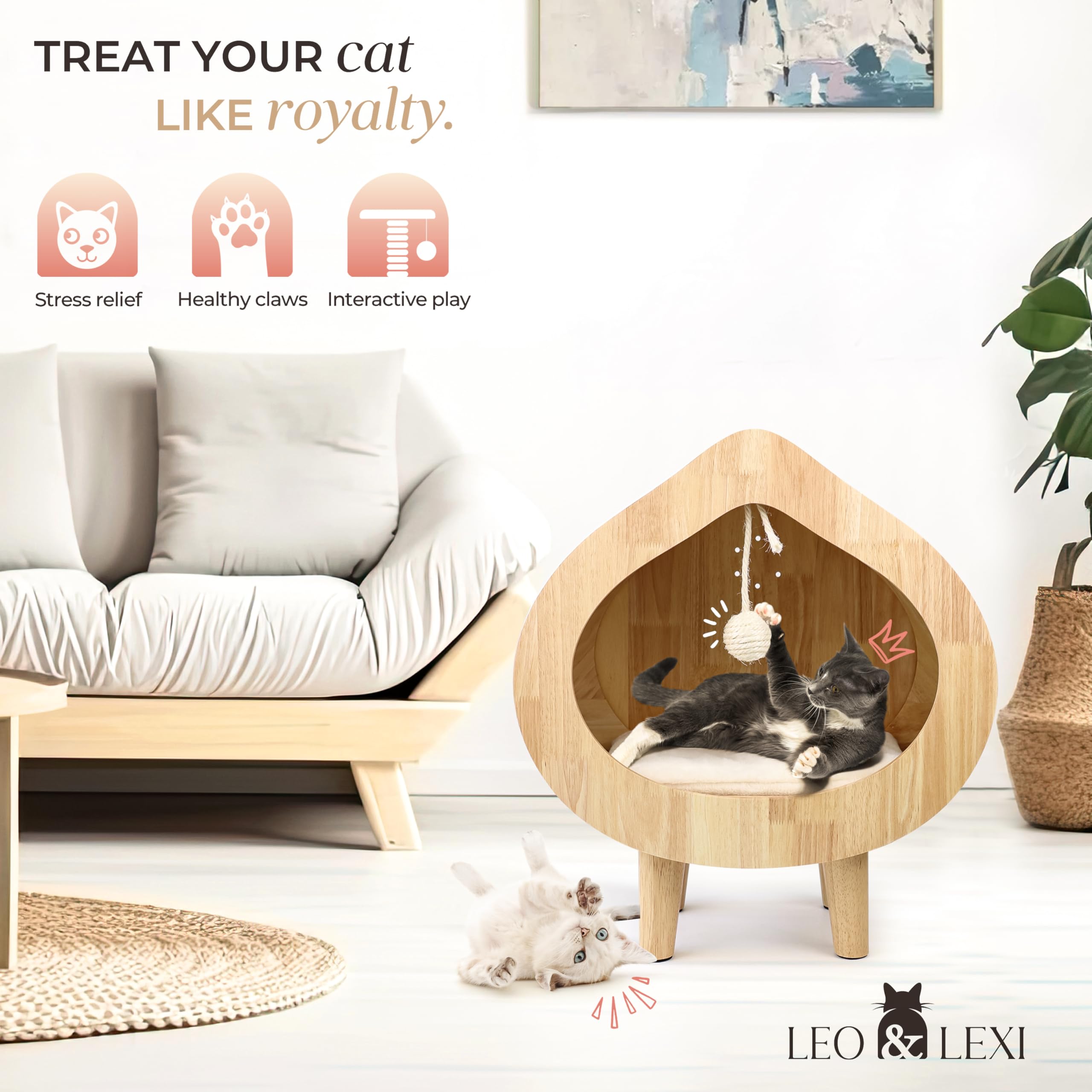 Unique Modern Cat Bed For Indoor Cats, House With Scratching Wall, Cozy Cave For Hideout, Cute Kitty Condo For Sleeping, Luxury