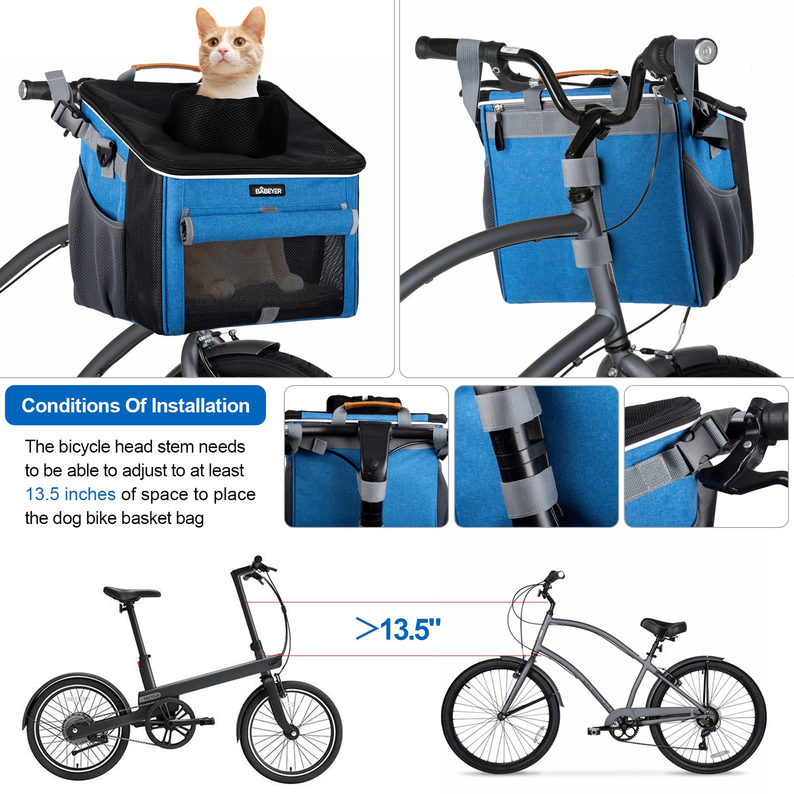 Babeyer Dog Bike Basket, Soft-Sided Pet Bike Carrier With 4 Mesh Windows For Small Dog Cat Puppies - Blue