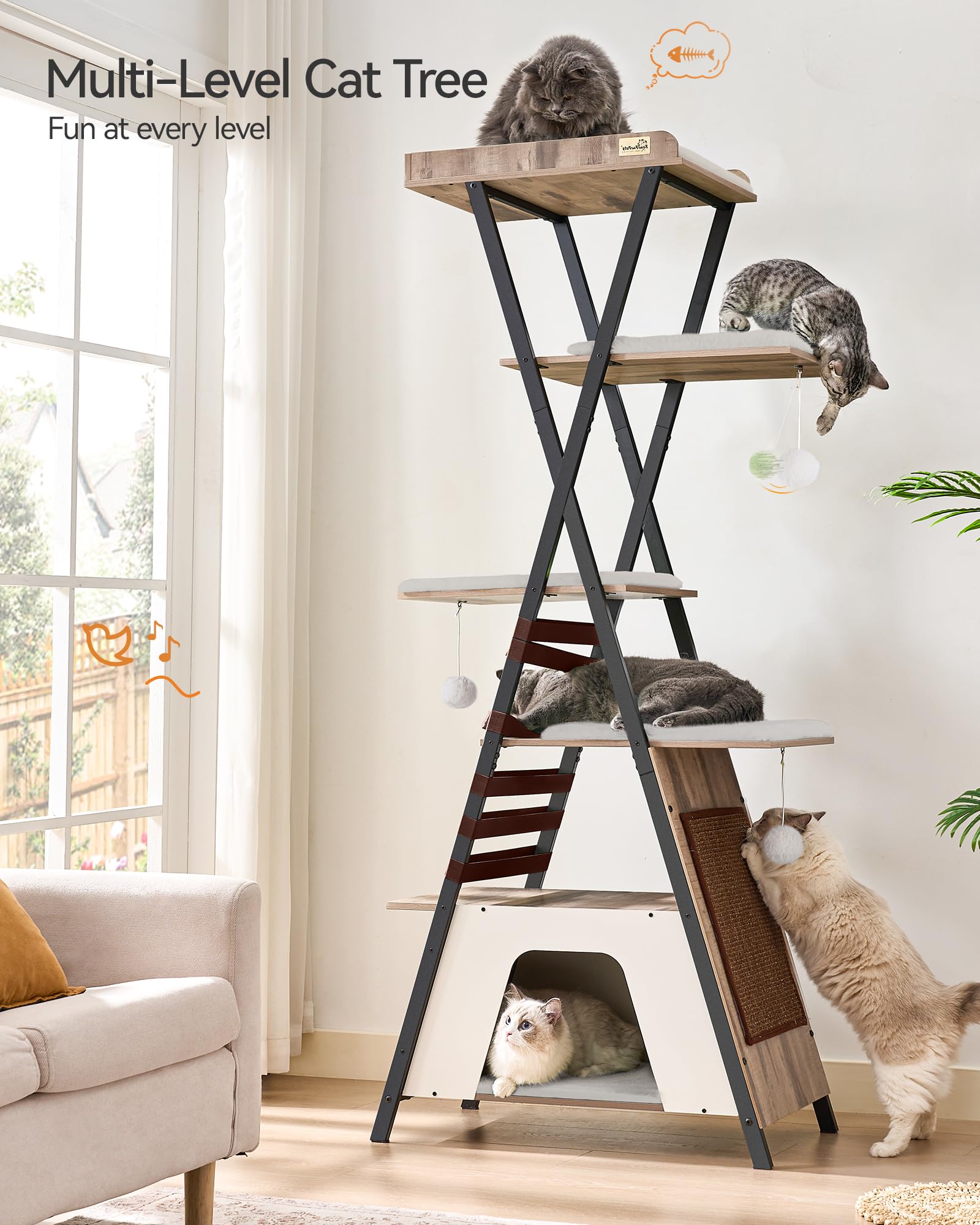 FourFurPets 72.4 Cat Tree, Modern Cat Tower for Indoor Cats, Multi-Level Cat Condo with Caves, Tall Cat Tree with Cat Scratching