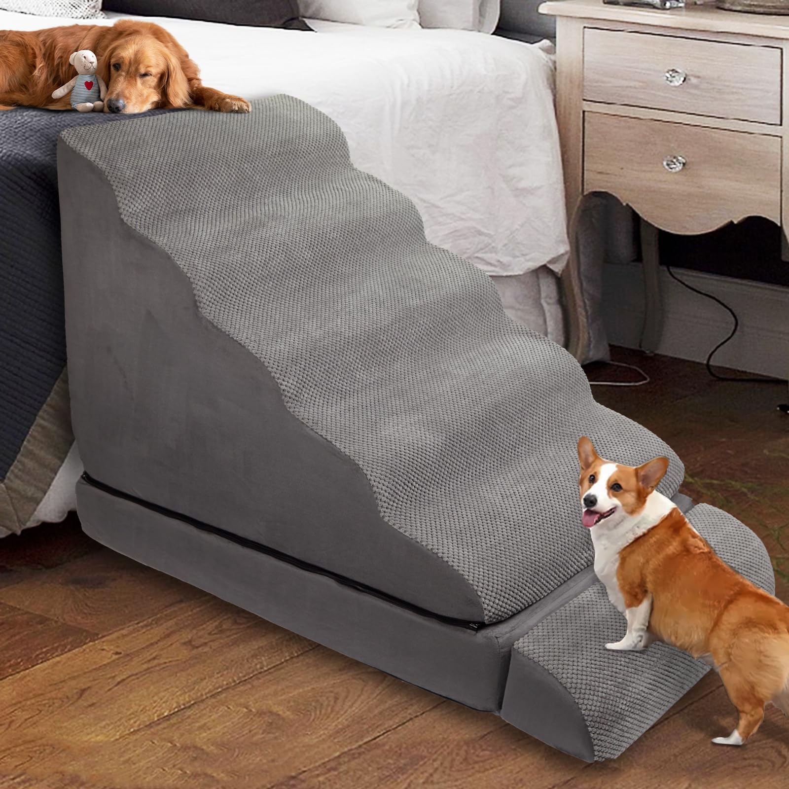 Dog Stairs/Steps For High Beds Up To 30-36 Inches, A.Fati 6 Step Foam Pet Steps For Small Dogs/Old Pets, 30'' H Non-Slip Dog Ram