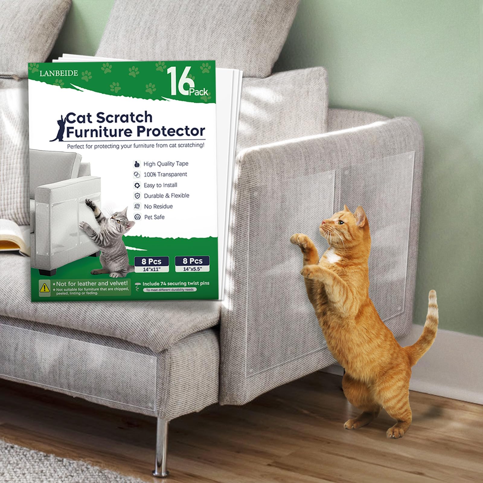 Lanbeide Anti Cat Scratch Furniture Protector-16 Pack Cat Couch Protector, Single-Sided Self-Adhesive Scratch Deterrent For Furn