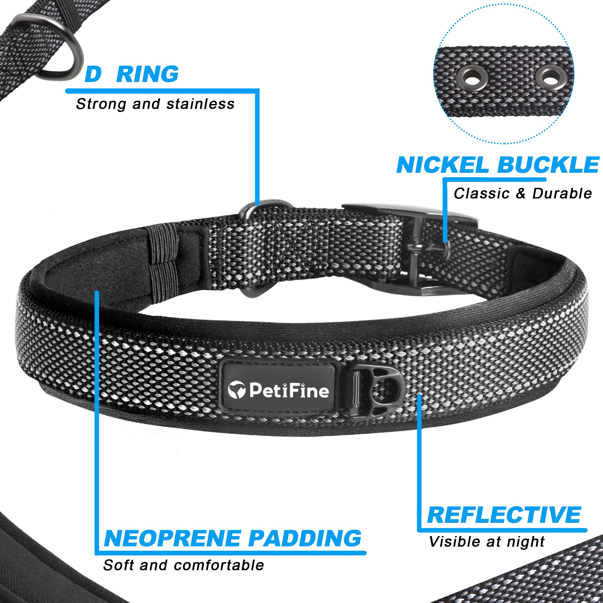 Petifine Neoprene Padded Dog Collar, Heavy Duty Comfort Dog Collar With Durable Metal Buckle, Reflective Adjustable Belt Buckle Dog Collars For Small Medium Large Dogs(11?14.5?Black)