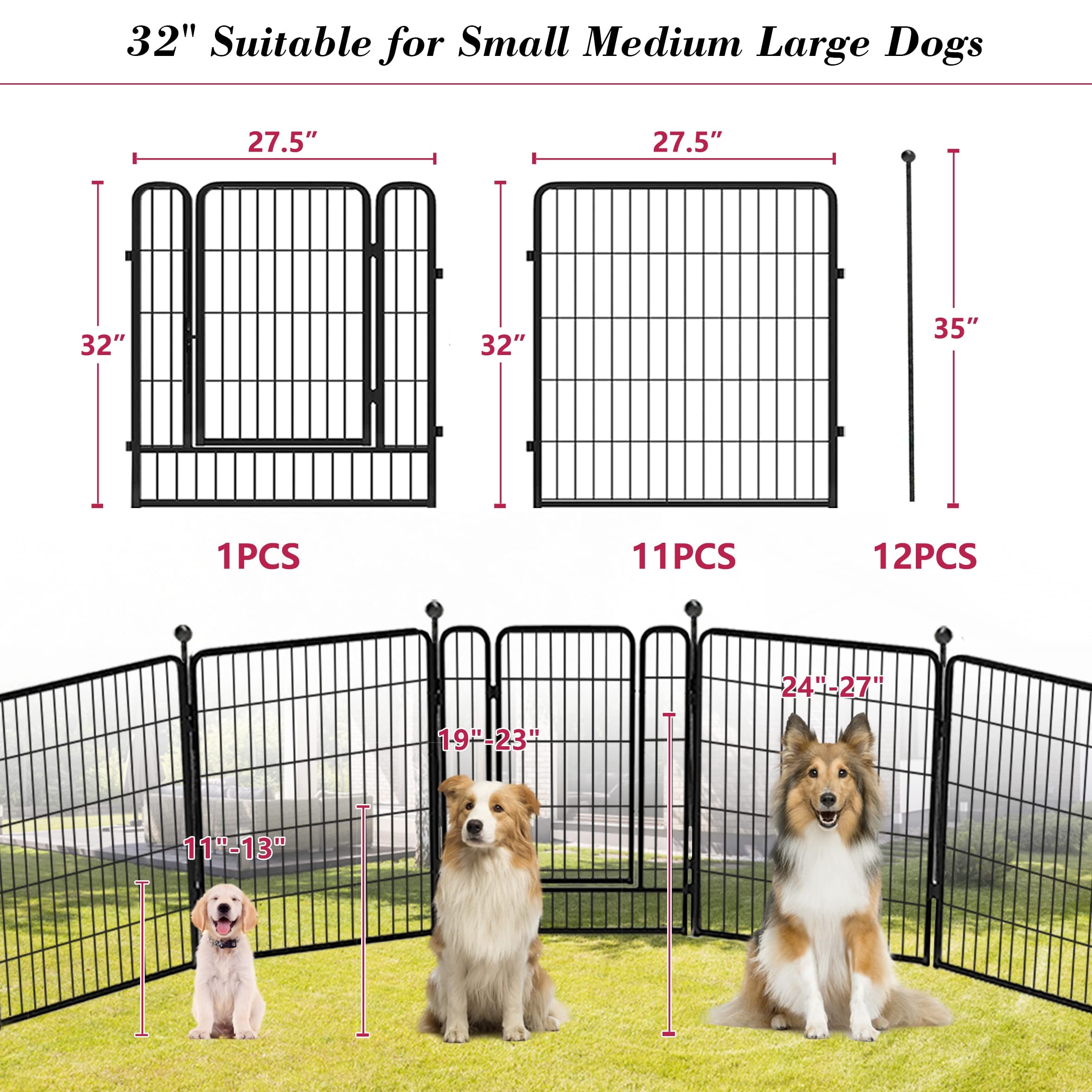 Jhsomdr Dog Playpen 32 Inch 12 Panels Indoor Dog Pen For Medium/Small Dogs Heavy Duty Metal Dog Fence Outdoor For Yard, Puppy Pl