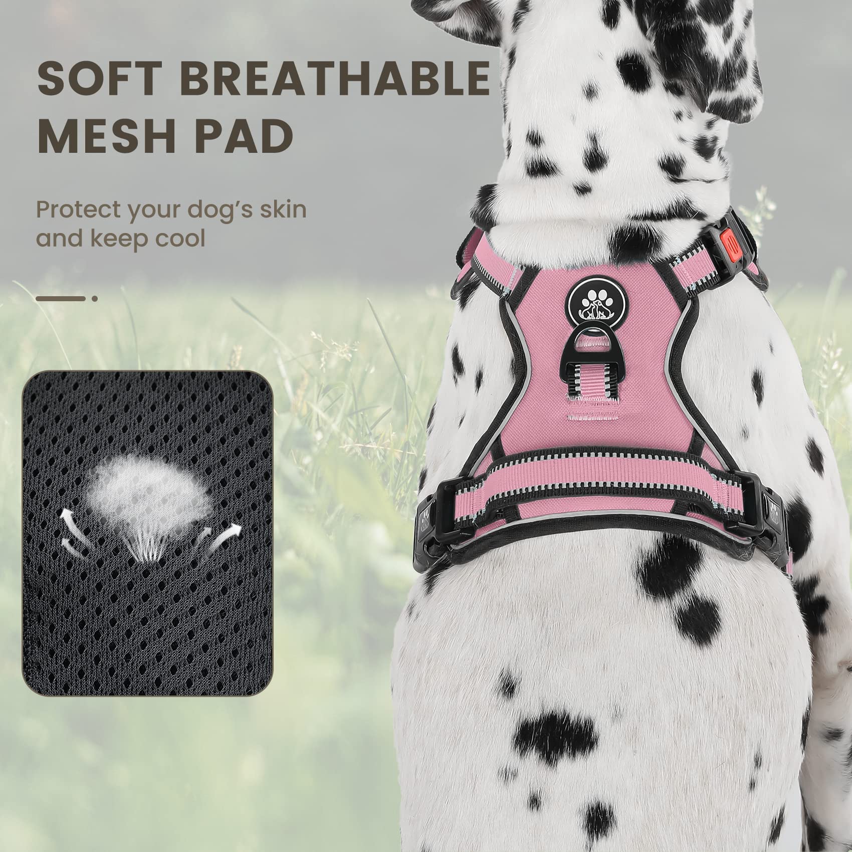FURRYFECTION XL No Pull Dog Harness, Reflective Vest, Adjustable, Soft Padded, Front Lead, Leash, Seat Belt, Pink