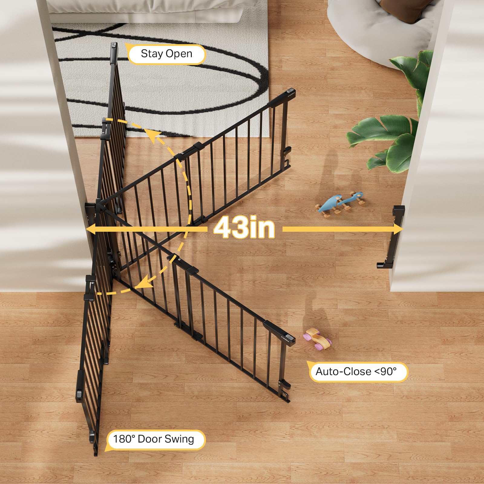 Cumbor 29.2-43 Baby Gate for Stairs, Wall-Mounted (Drill Required), Expandable No Bottom Bar Dog Gate, Auto Close Extra Wide Wal