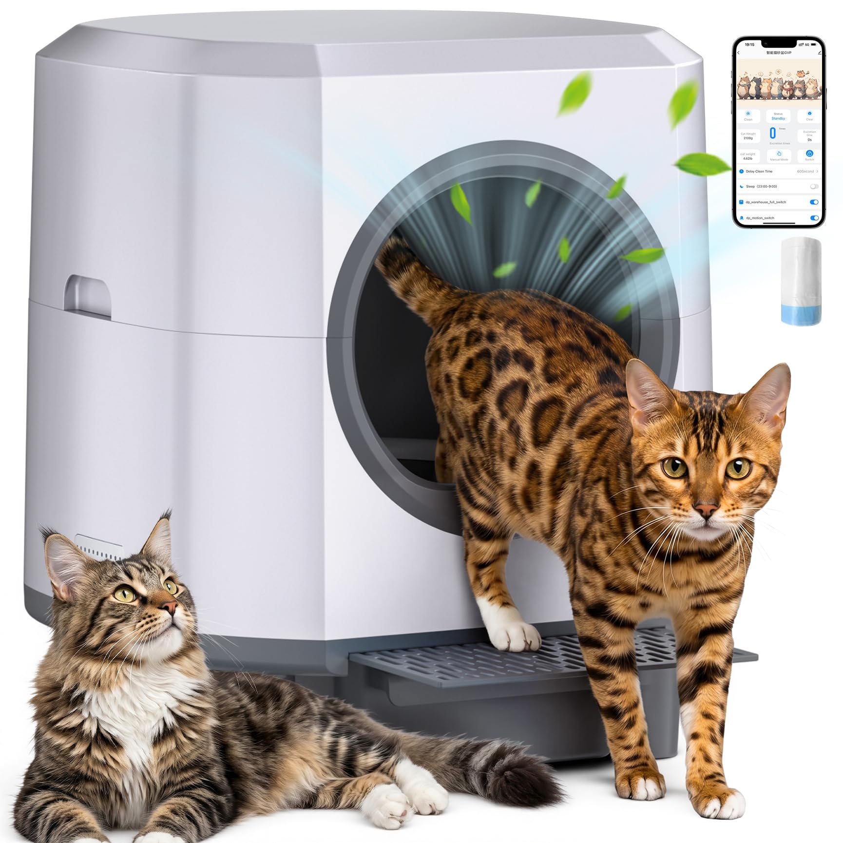 Automatic Litter Box,Self Cleaning Litter Box,90L Large Capacity with APP Control,Odor Control,Garbage Bag and Safety Sensor,Eye