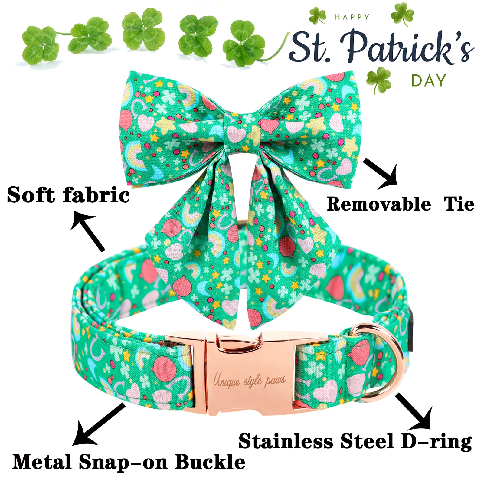 Unique Style Paws St. Patrick'S Day Dog Collar With Tie Rainbow Clover Heart Puppy Collar For Small Medium Large Boys Girls-Xl