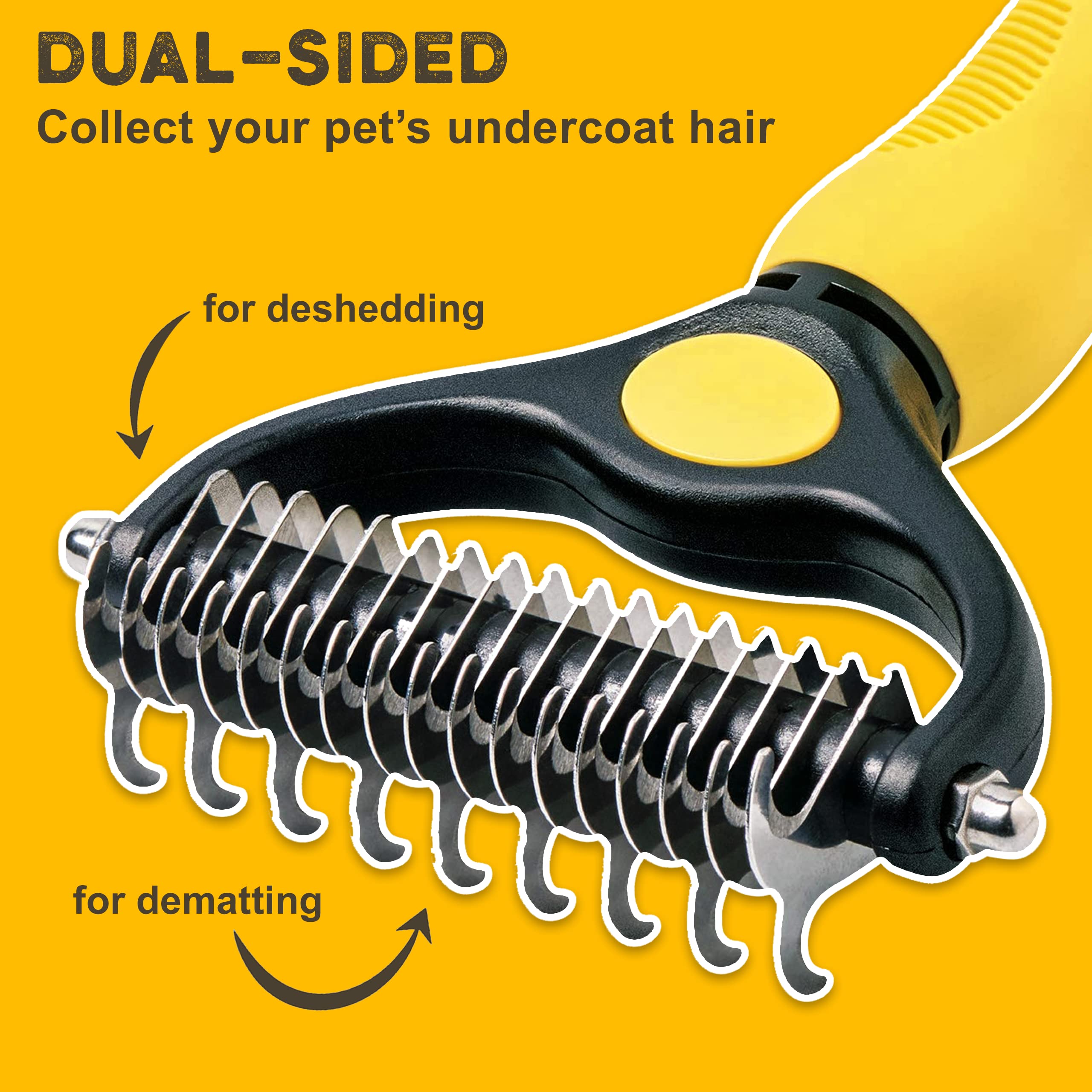 Pawradise Deshedding Dog Brush - Double-Sided Pet Hair Remover For Cats & Dogs - Yellow Undercoat Grooming Rake For Shedding And