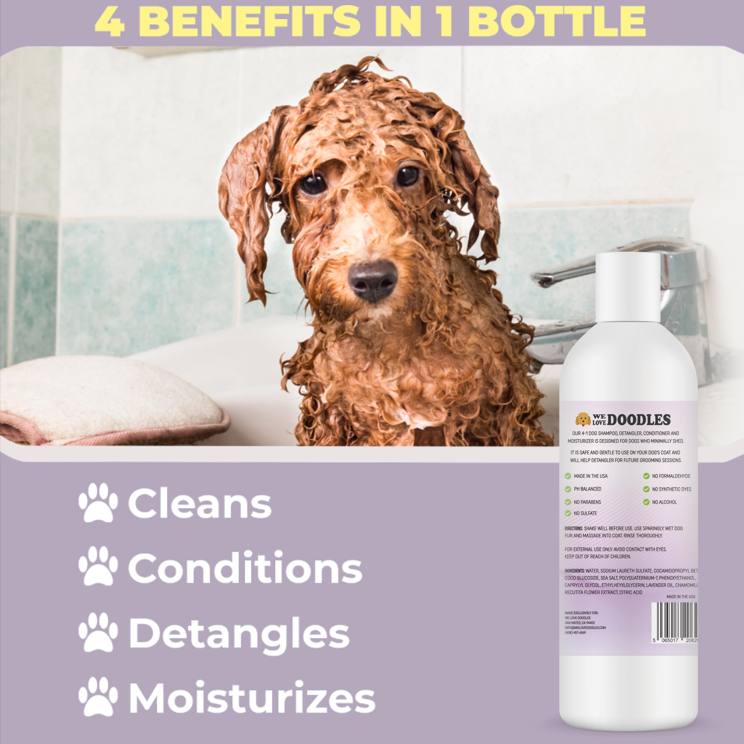 4-In-1 Dog Shampoo Dog Shampoo, Conditioner & Detangler - Best Shampoo For Goldendoodles, Poodles & Doodles - For Matted Pet Hai