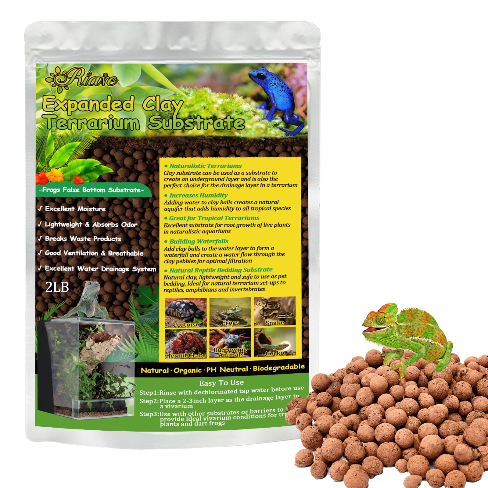 Riare 2Lbs Expanded Clay Balls Terrarium Substrate For Reptiles - 100% Organic Lightweight Clay Pebbles Substrate Frogs False Bo