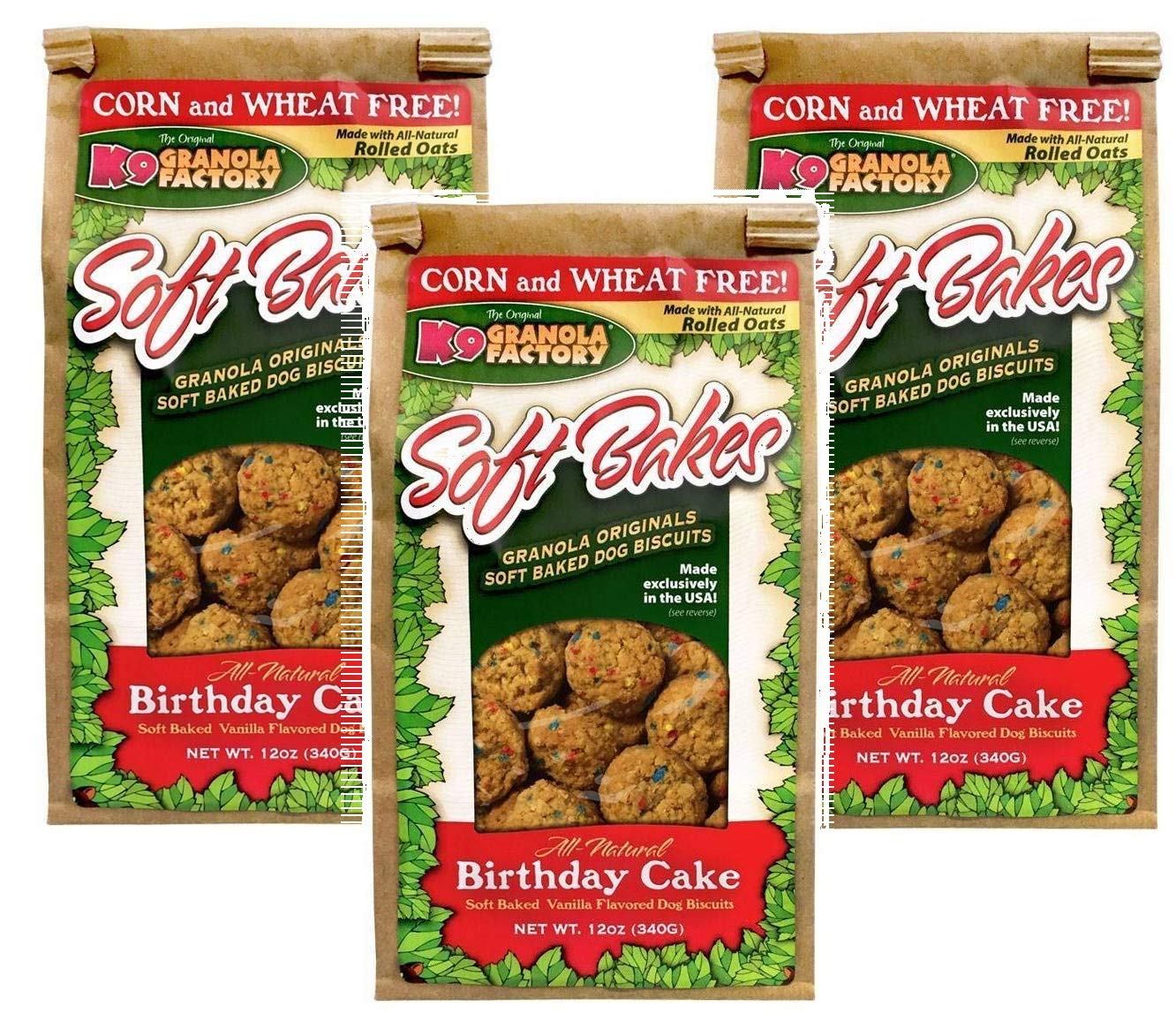 K9 Granola Factory 3 Pack of All Natural Soft Bakes Birthday Cake, All Natural Vanilla Flavored Dog Treats