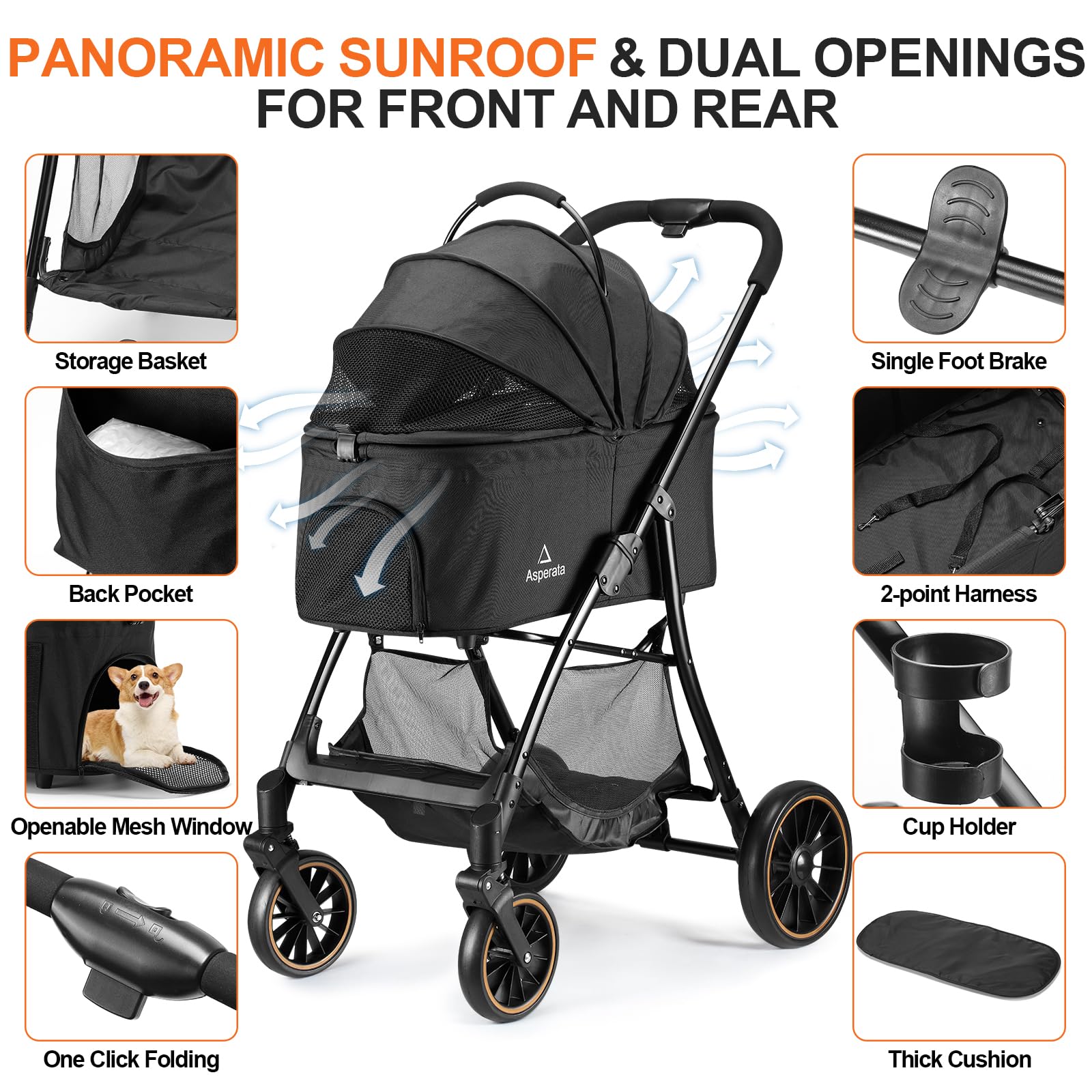 Asperata Pet Stroller for Dogs & Cats up to 55 lbs, Foldable 4-Wheel Carrier, Black, 27.6" × 22.0" × 40.