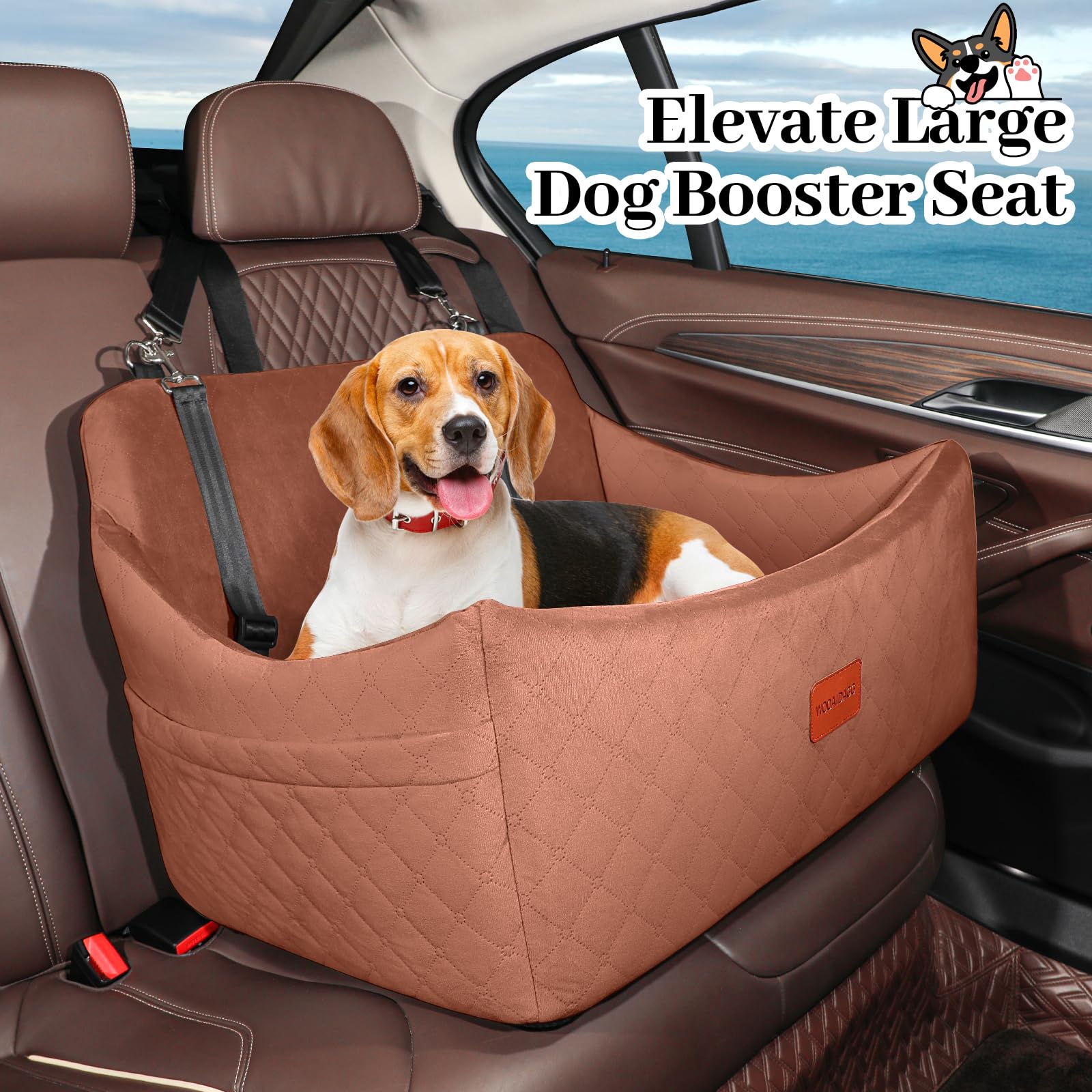 Wooaidagg Dog Car Seat for Medium & Large Dogs Up to 55lbs, Memory Foam Cushion, Washable Cover, Safety Straps & Non-Slip Base (