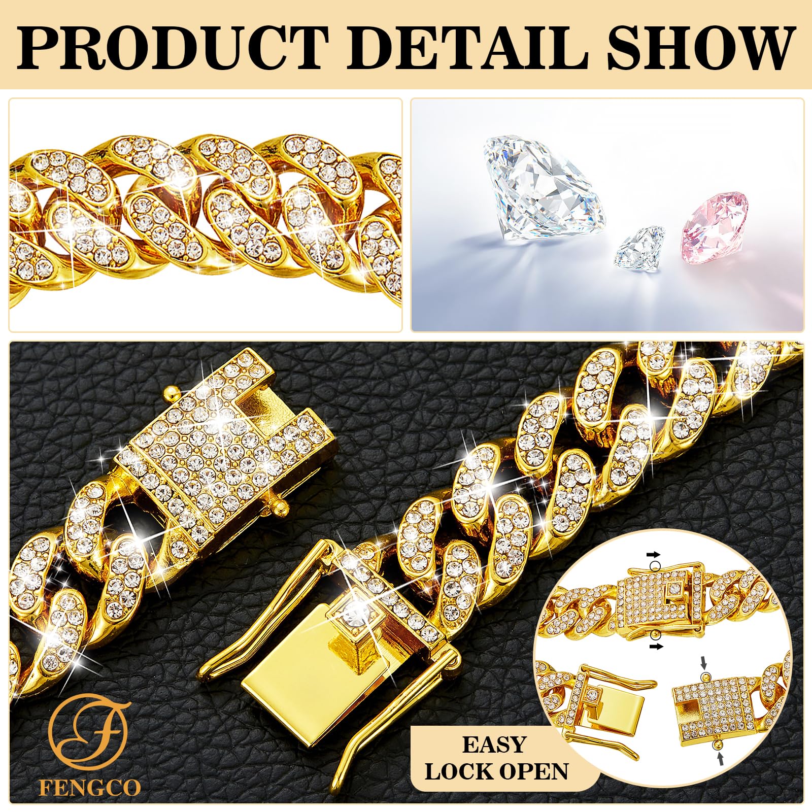 Gold Dog Chain Collar Diamond Cuban Link Dog Collar 13Mm Wide Dog Necklace Metal Cat Chain Pet Crystal Collar Jewelry Accessorie