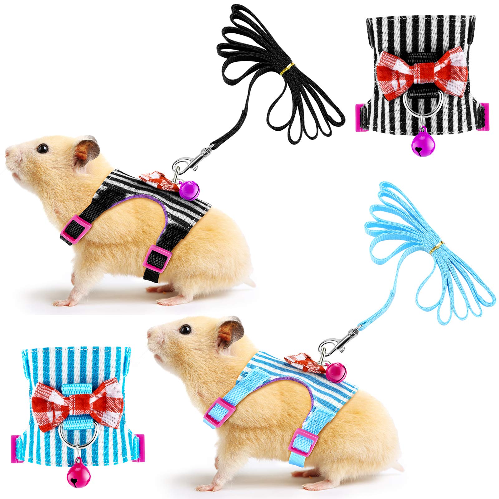 2 Pieces Hamster Harness and Leash Set for Walking, Small Guinea Pig Clothes with Bowknot Bell, No Pulling Comfort Padded Vest S