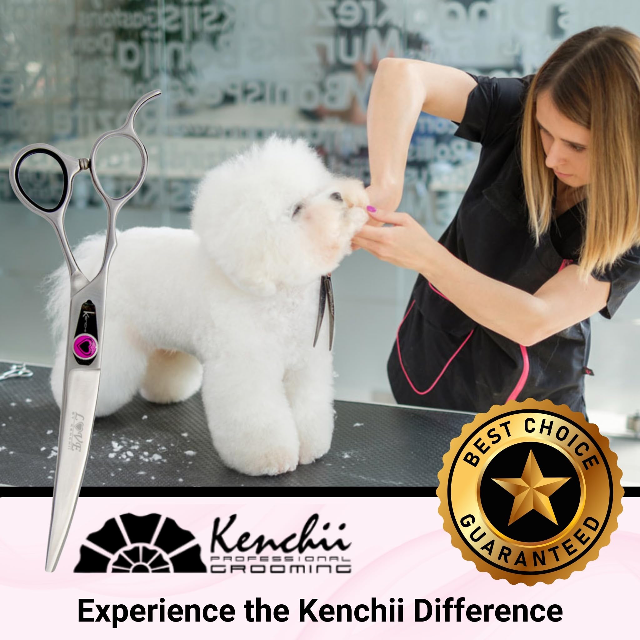 Kenchii Left Handed Dog Grooming Scissors | 7 Inch Shears | Curved Scissors For Dog Grooming | Love Collection Dog Shears | Pet Grooming Accessories | Pet Hair Trimming Scissor