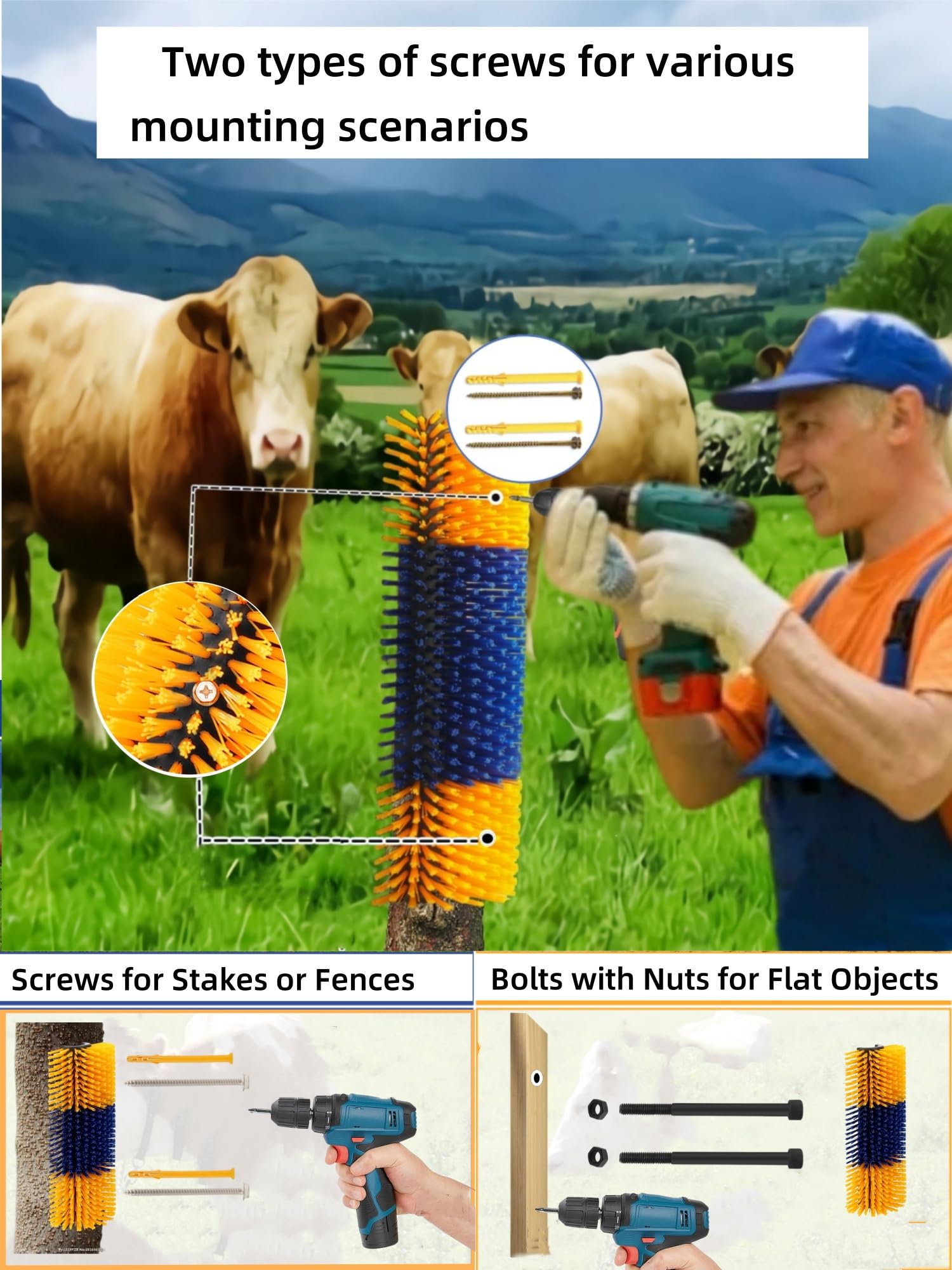 Livestock Scratch Brush, 2Pcs Goat Brush Post For Scratching Itch,Durable Cow Scatcher Can Be Easily Mounted,Best Horse Brush Fo