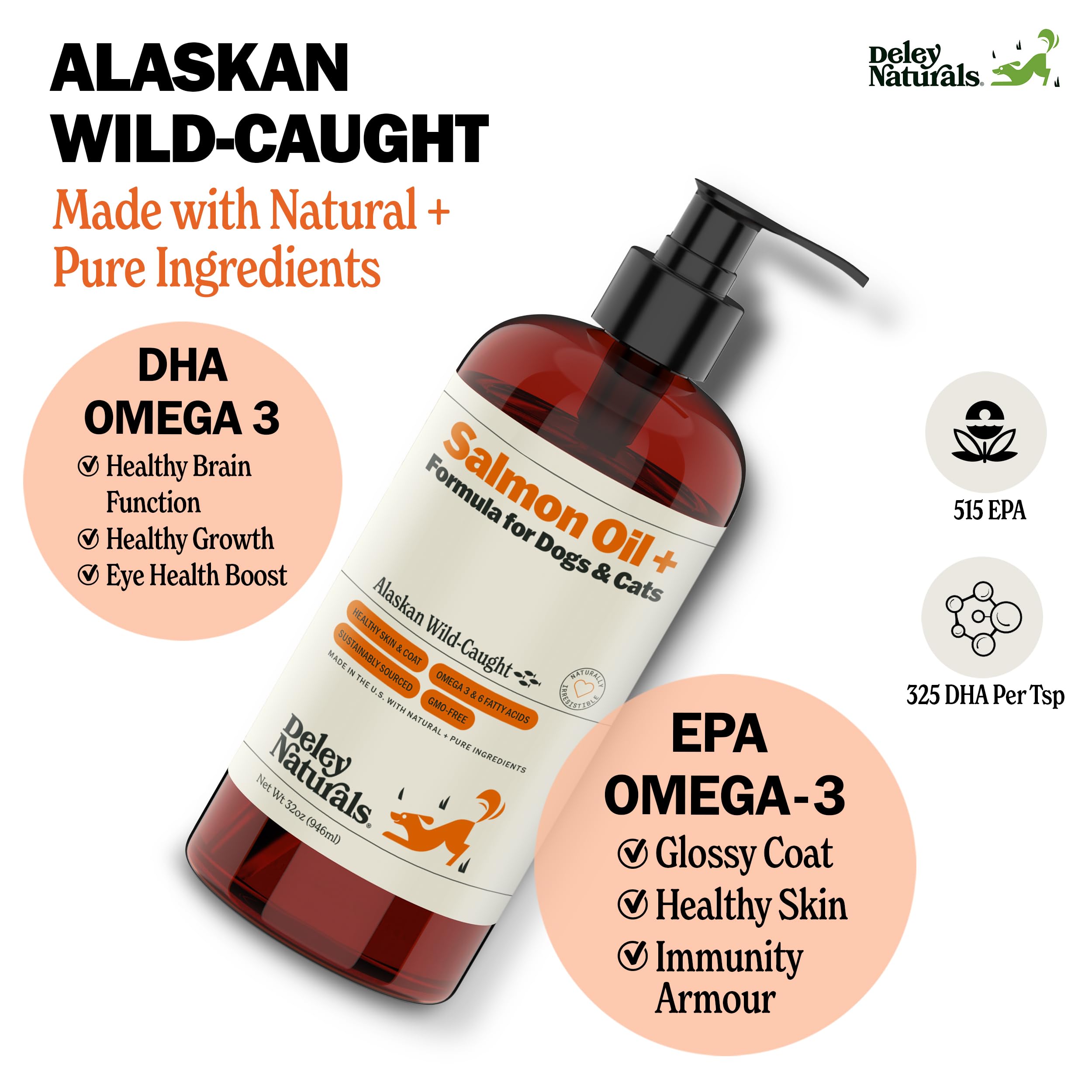 Deley Naturals Wild Alaskan Salmon Oil for Dogs - New & Improved Salmon Oil Plus Formula - Fish Oil for Dogs with DHA EPA Omega