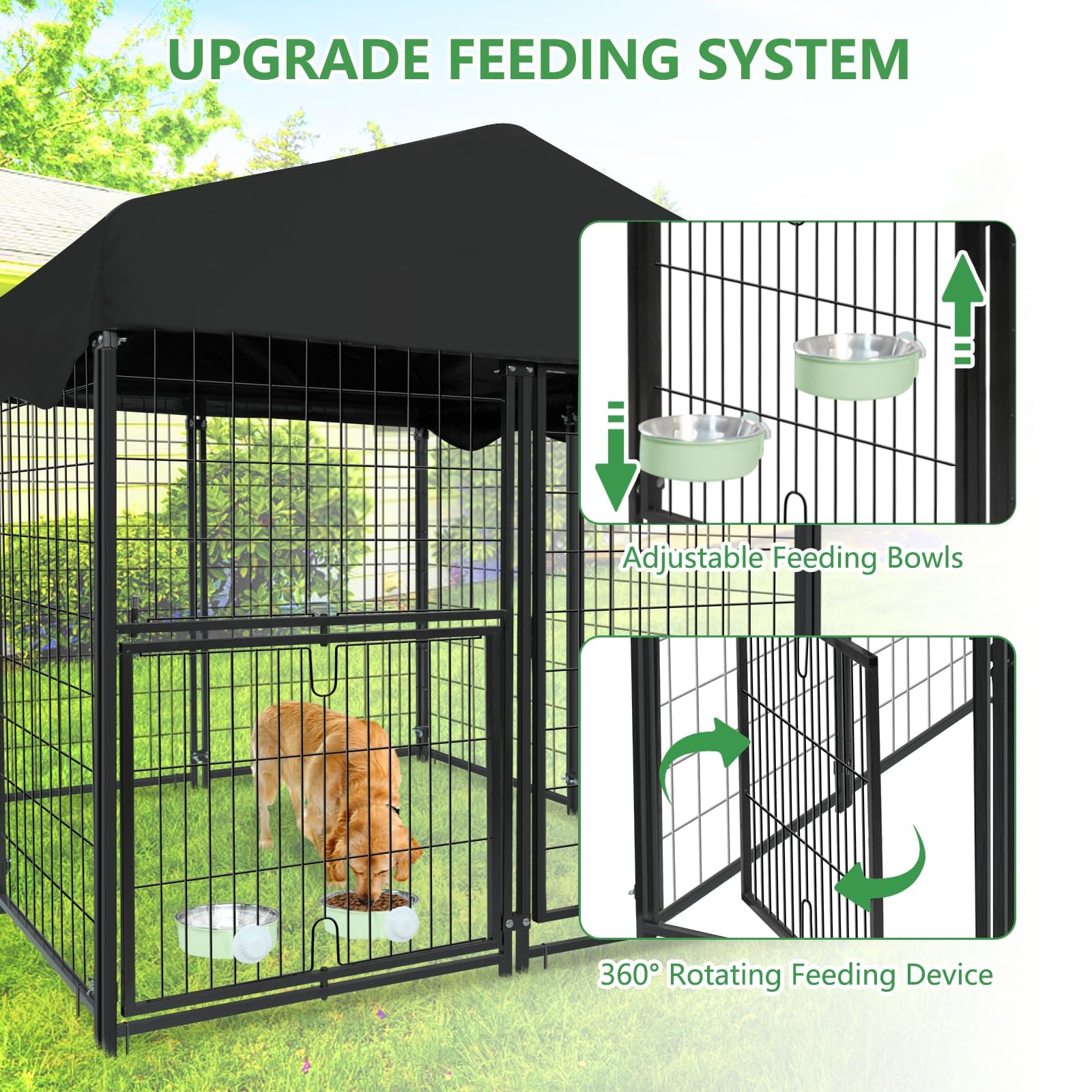 1R2P3I Dog Kennel Outdoor With Waterproof Roof, 4'L X 4'W X 4.5'H Large Outdoor Kennel With Rotating Feeding Door, Bowls, Dog Ca
