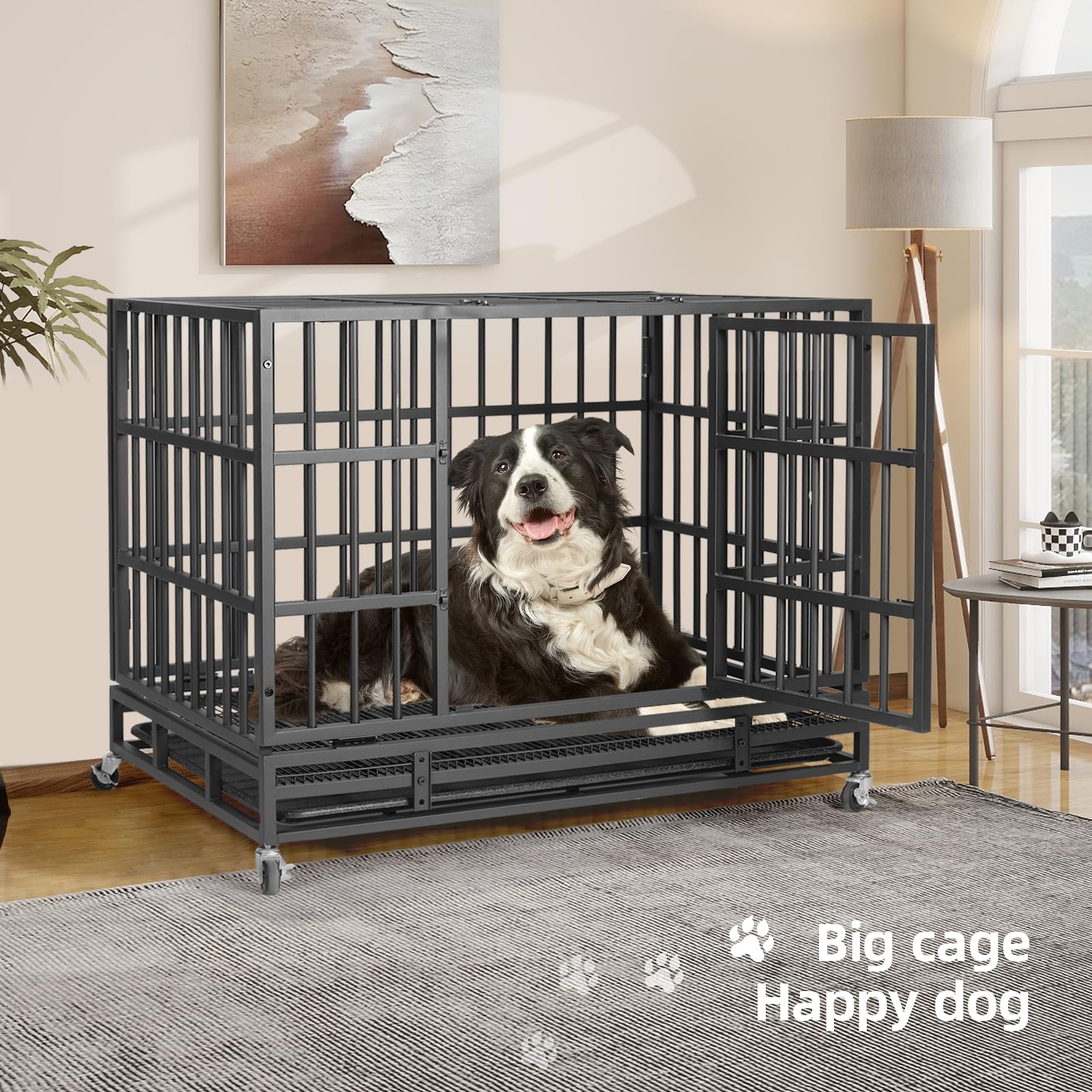 Vowner 48    Heavy Duty Indestructible Dog Crate, High Anxiety Dog Crate, Escape Proof Dog Cage Kennel With 4 Lockable Wheels, D