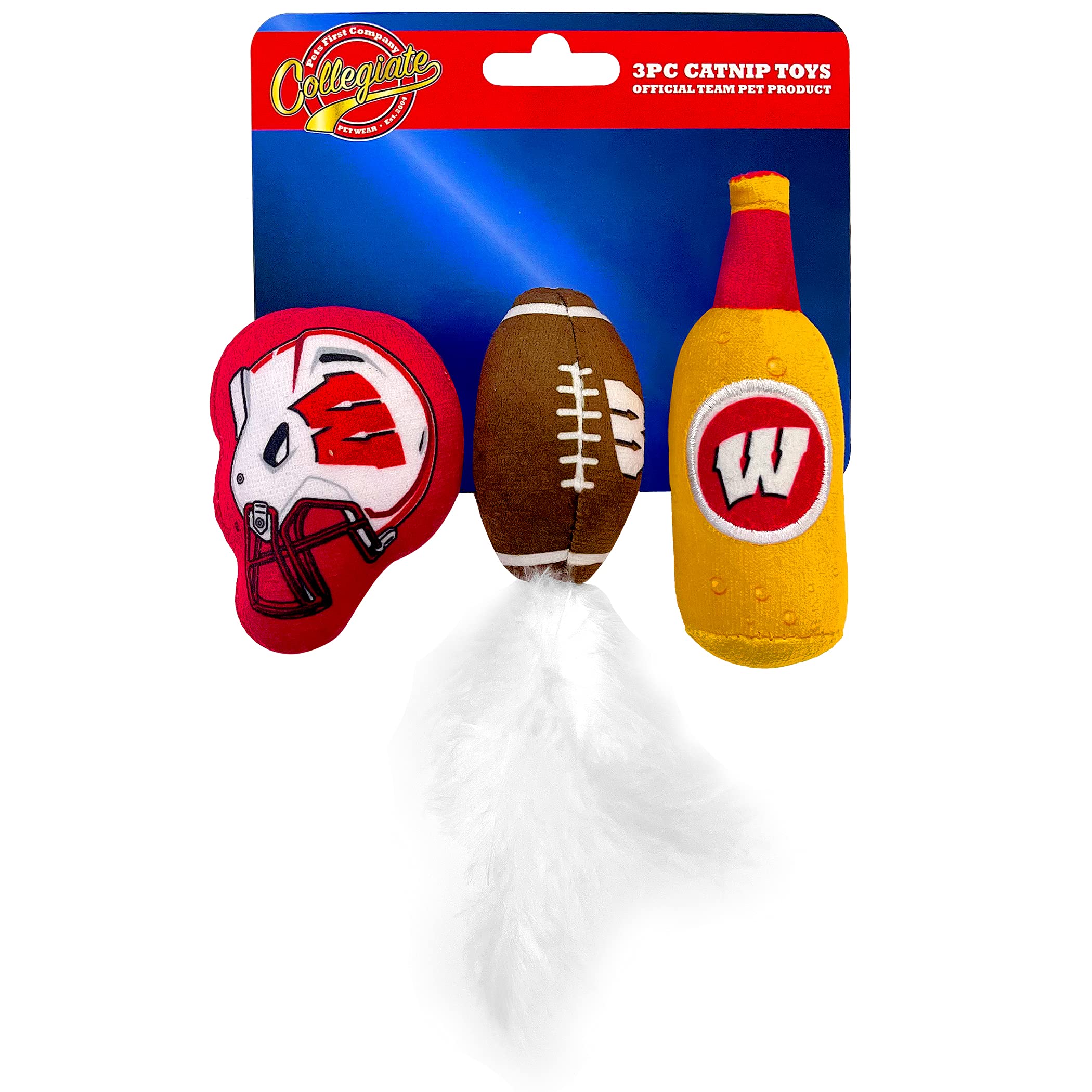 Best Plush Cat Toy - Ncaa Wisconsin Badgers Complete Set Of 3 Piece Cat Toys Filled With Fresh Catnip. Includes: 1 Helmet Cat Toy, 1 Football Cat Toy With Feathers & 1 Beer Bottle. Beautiful Team Logo